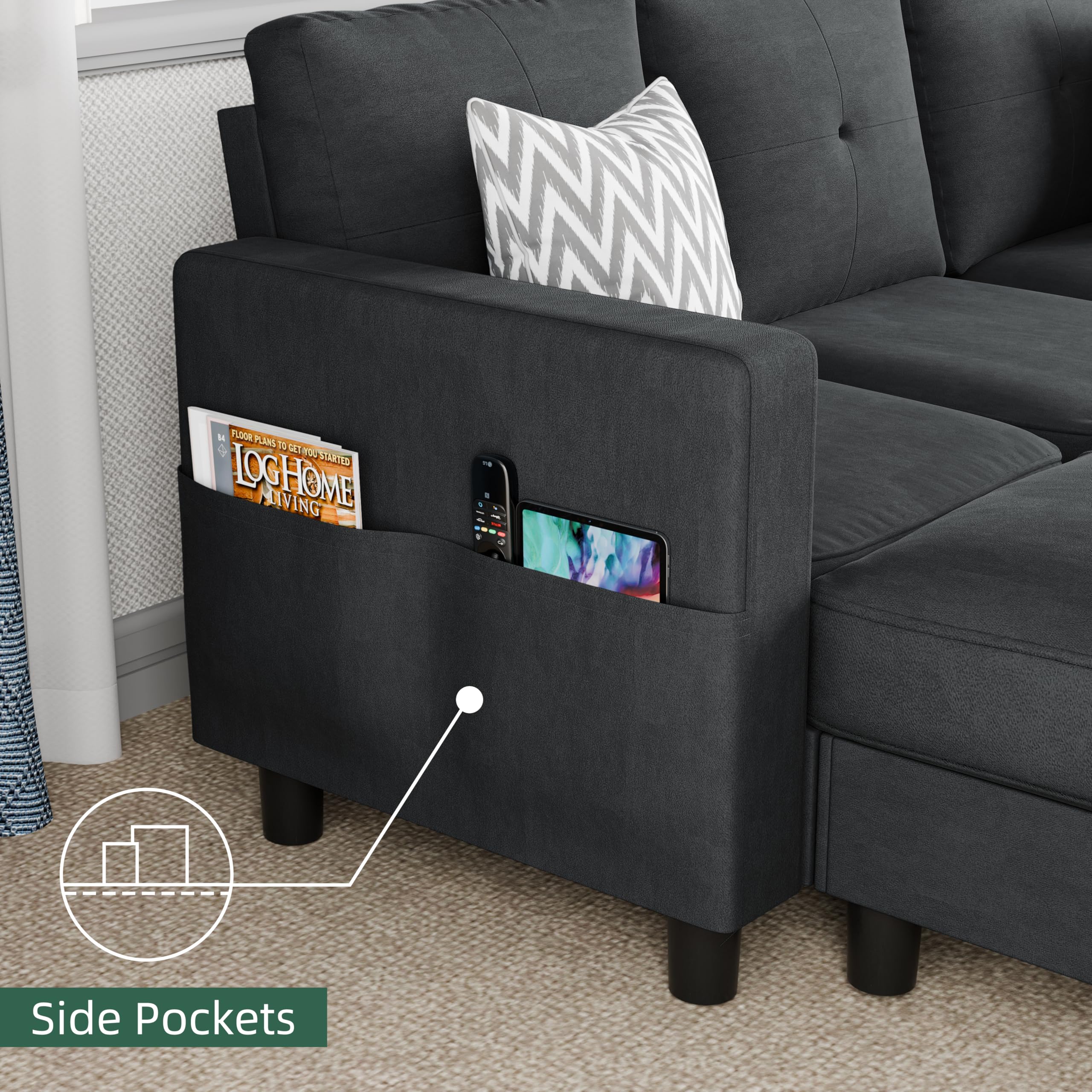 JAMFLY L-Shaped Sectional Sofa with Ottoman & Storage - Convertible Small Space Couch for Living Room, Apartment (Black Grey) | Perfect for Studio, Dorm & Cozy Home Decor