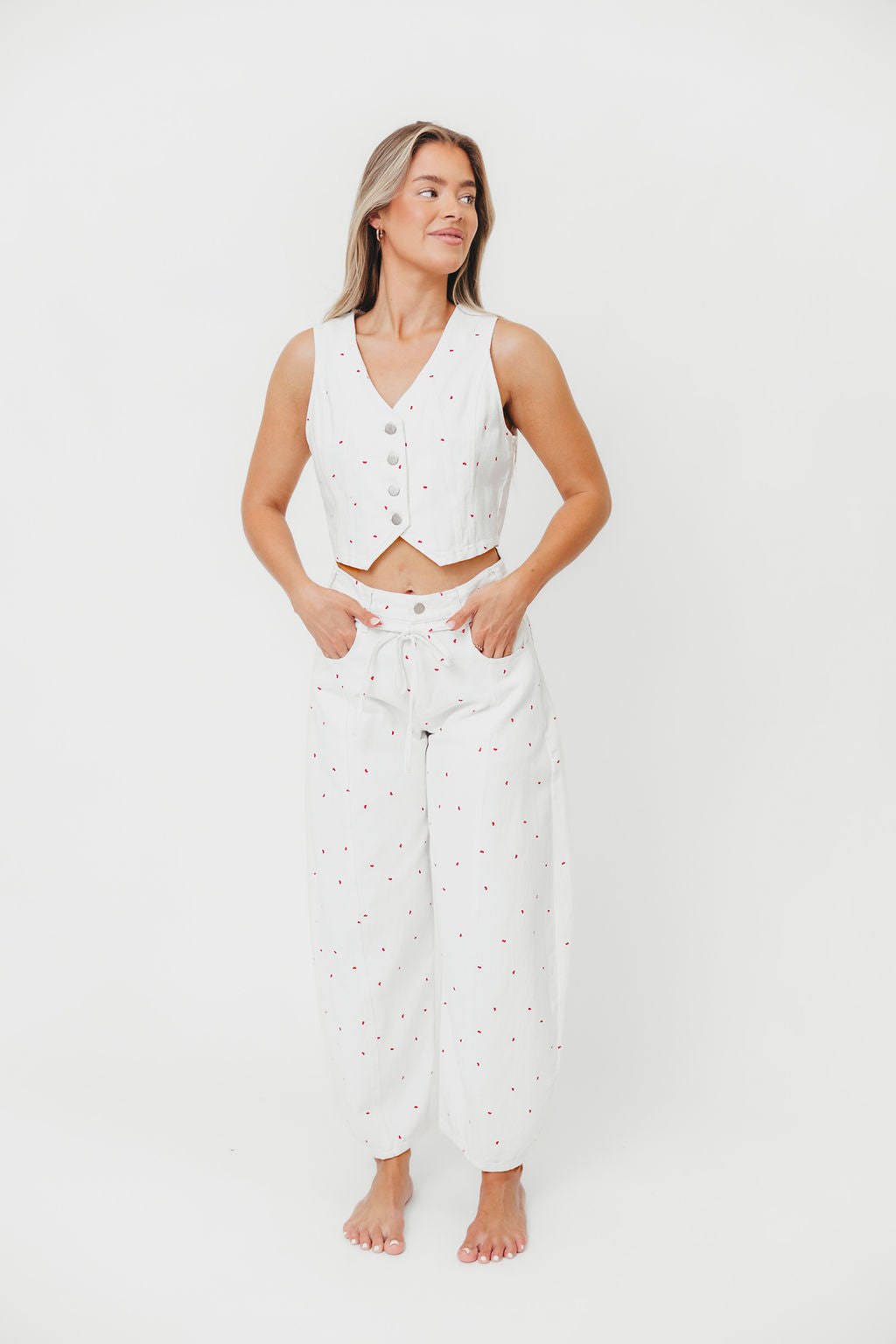 100% Cotton Mini Bow Print Twill Vest for Women - Off White Dolly Style | Casual Outfits, Spring Layering & Office Wear