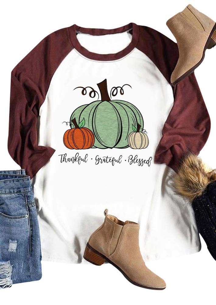 Thanksgiving Give Thanks T-Shirt for Women - Halloween Pumpkin Print 3/4 Sleeve Blouse - Perfect for Fall Festivals, Family Gatherings & Holiday Parties