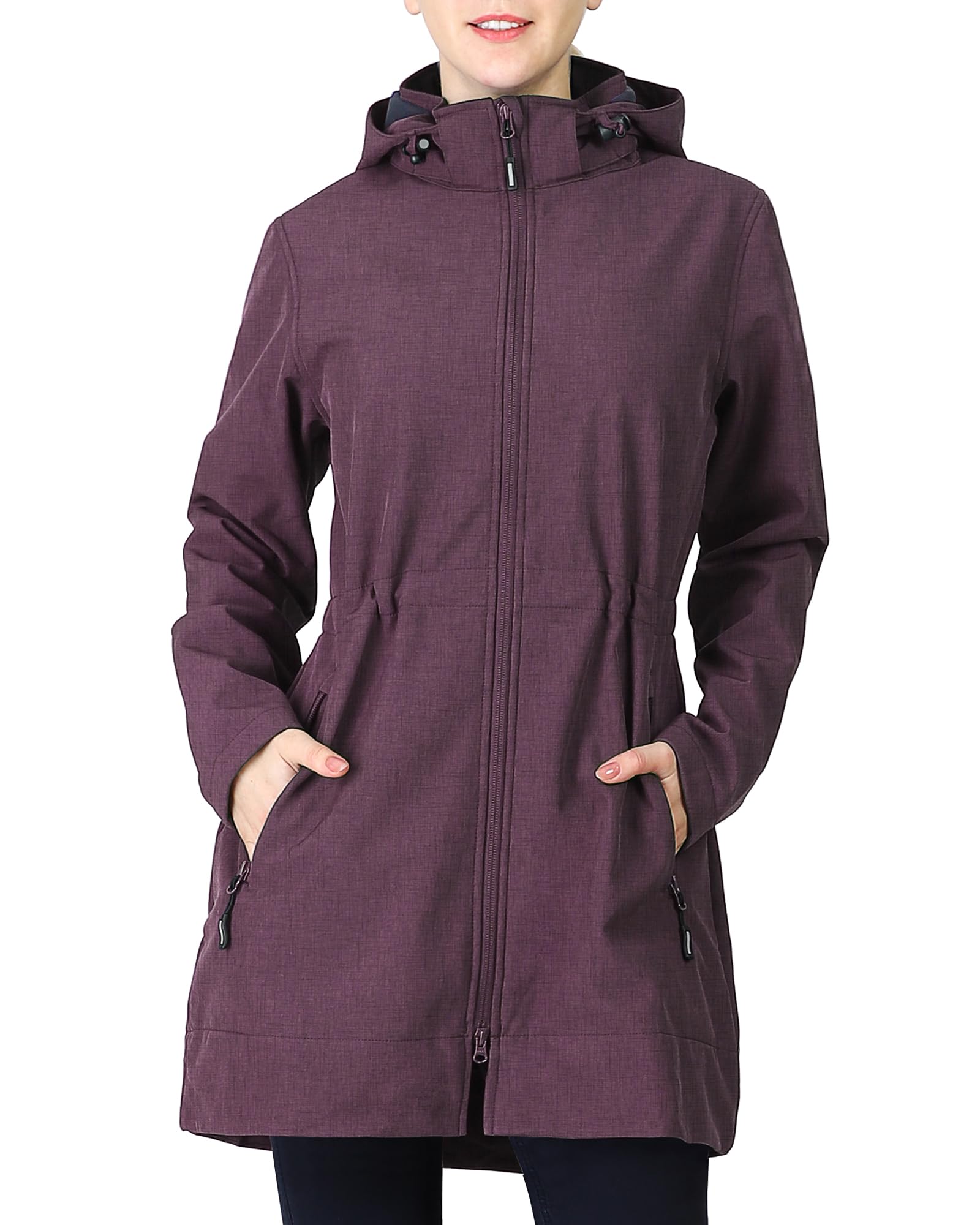 Outdoor Ventures Women's Softshell Jacket with Removable Hood, Fleece Lined Windbreaker, Insulated Long Warm Rain Jacket for Hiking, Camping & Winter Outdoor Activities
