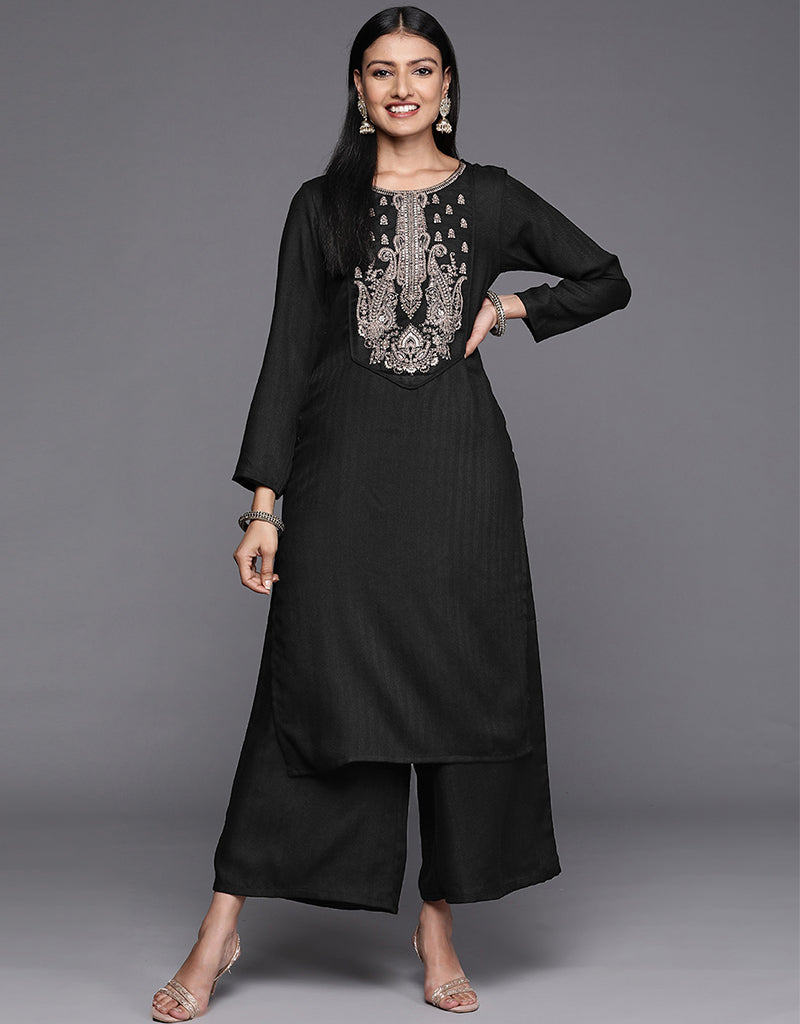 Black Faux Pashmina Straight Palazzo Pants - Women's Elegant Wide Leg Trousers for Office, Party & Casual Wear | Plus Size Available