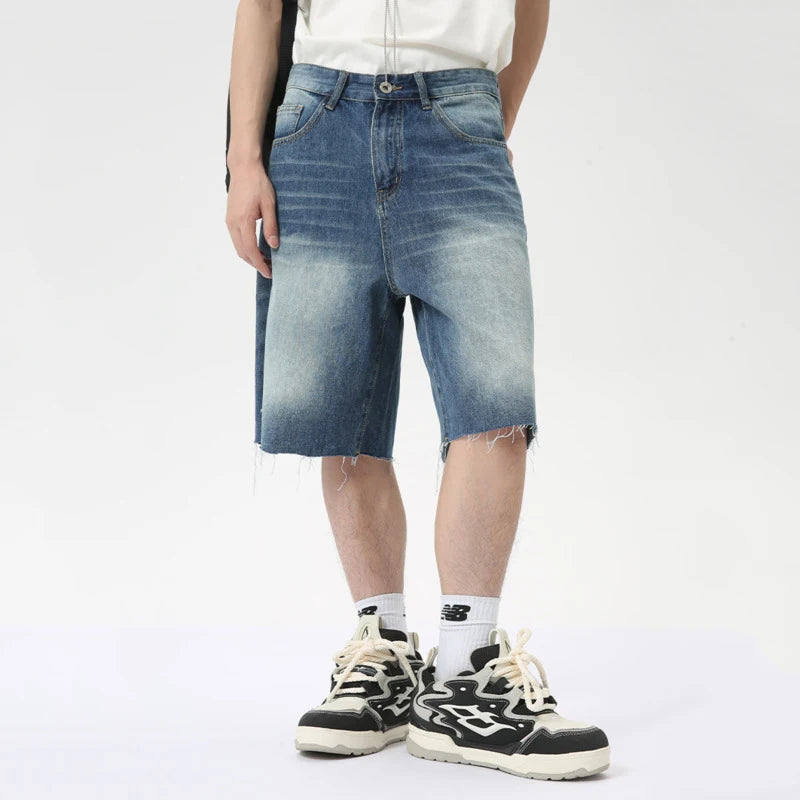 American Style Men's Denim Shorts - Casual Distressed Straight Fit Wide Leg Loose Summer Shorts for Men | Trendy Streetwear & Beach Outfit | Model 9C6318