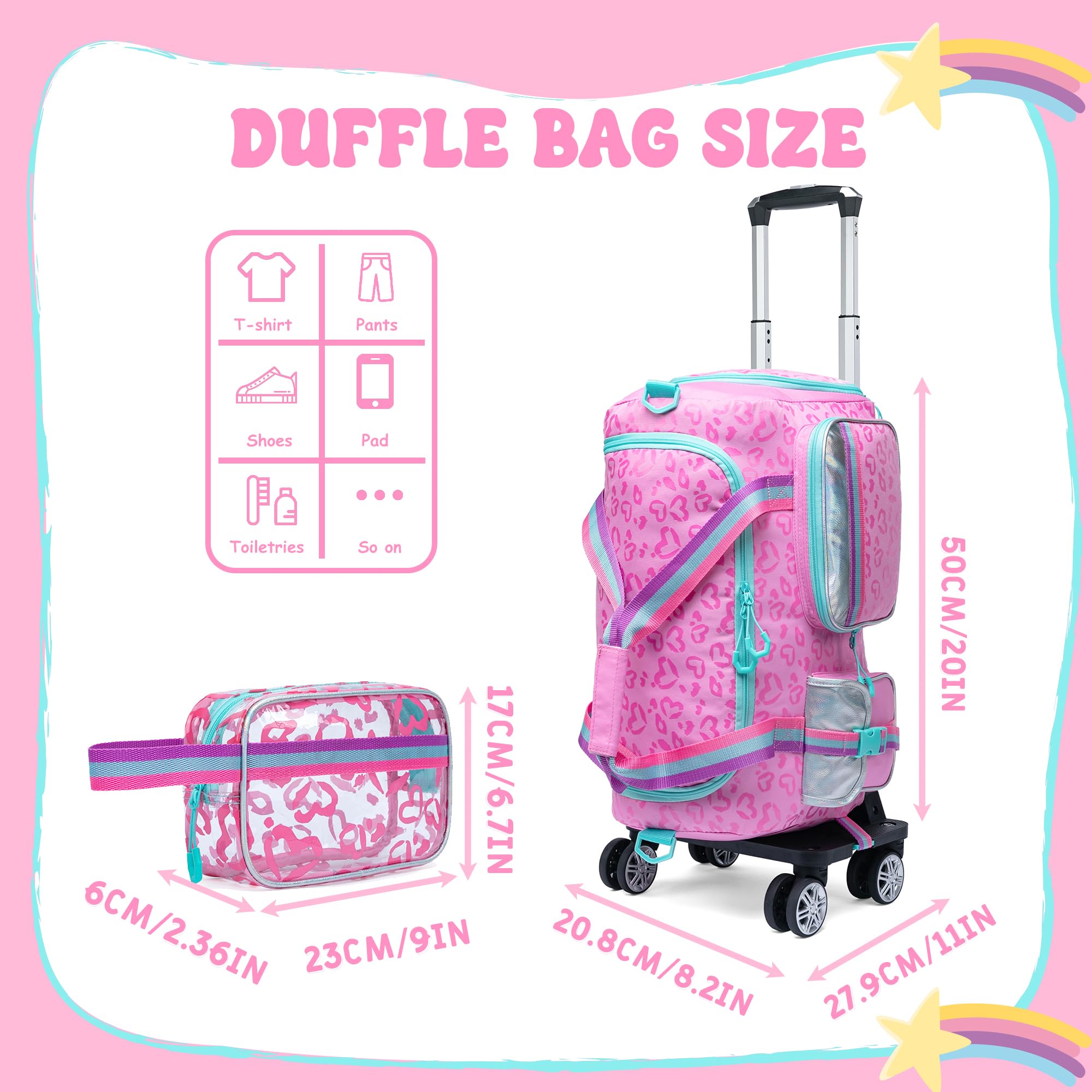 **Girls Rolling Duffel Bag with Wheels - Kids Travel Overnight Bag with Toiletry Pouch & Shoe Compartment - Perfect for Dance, Gym, Sleepovers & Weekend Trips**