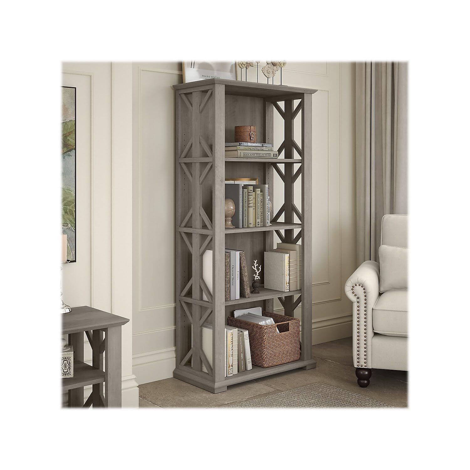Bush Furniture Homestead 4 Shelf Farmhouse Bookcase in Driftwood Gray - Vertical Office Organizer & Home Shelving Unit for Books, Decor & Storage - Perfect for Living Room, Bedroom or Home Office