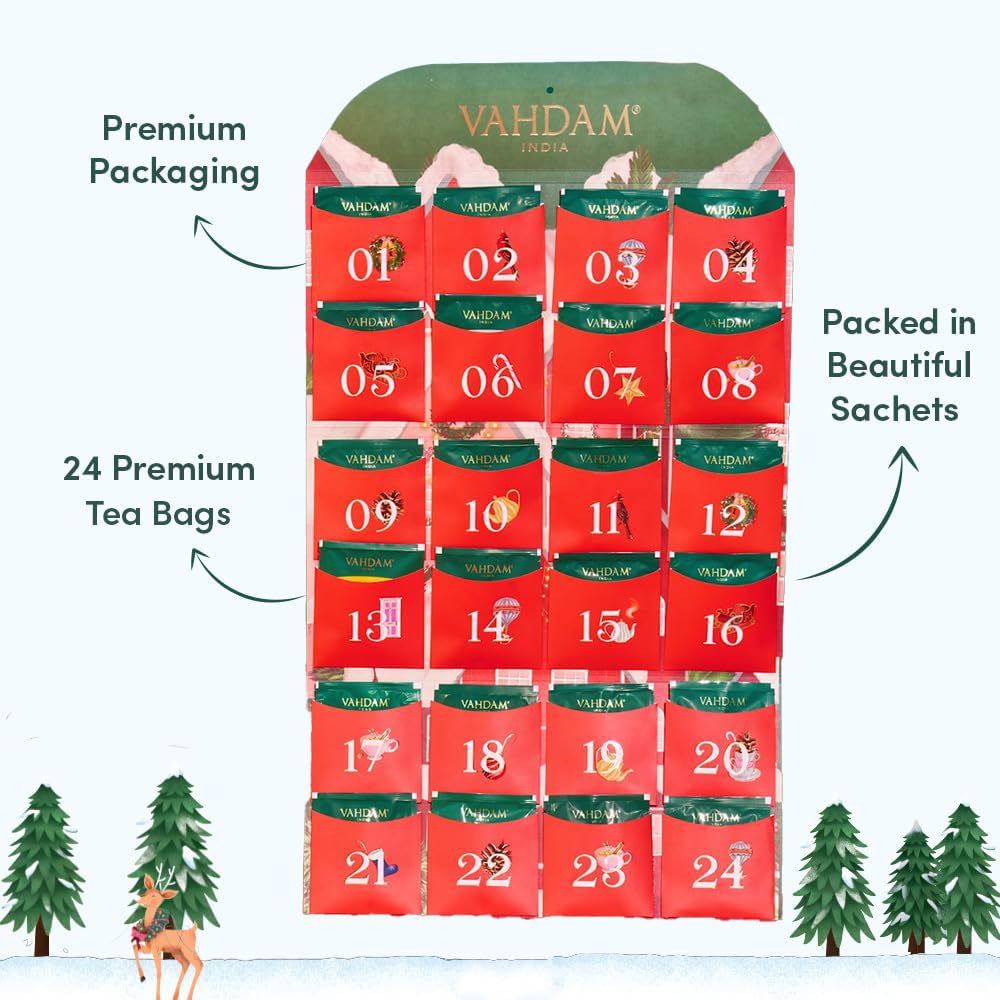 VAHDAM 2025 Advent Calendar Tea Bags Gift Set - 24 Unique Flavors Holiday Tea Collection | Premium Folding Christmas Calendar for Adults (Women & Men) | Perfect Holiday Gift, Office Treat & Cozy Winter Nights Companion