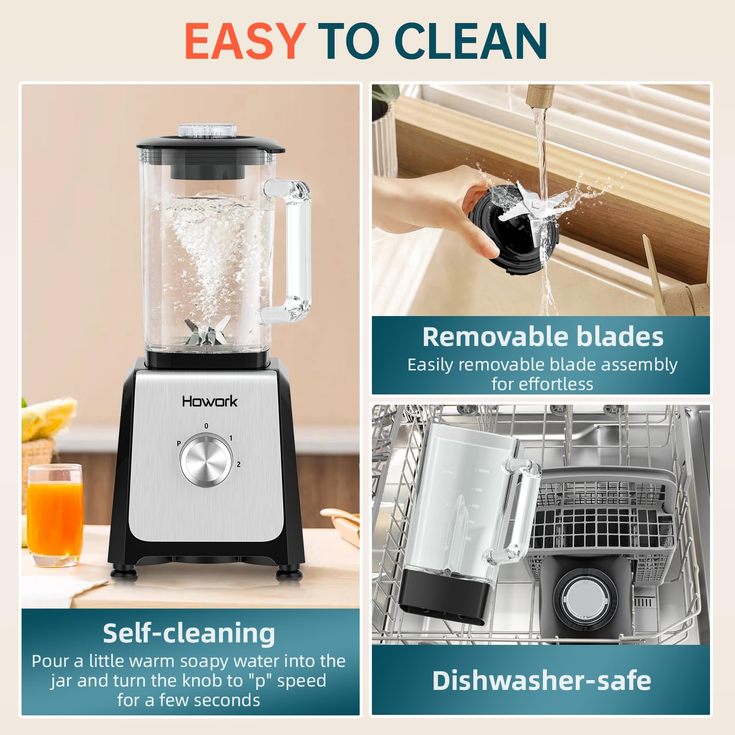 HOWORK 750W High-Speed Blender with 56oz Glass Jar & 16oz Portable Cups - 3 Functions for Smoothies, Frozen Drinks & Ice Cream - Perfect for Home Kitchen, Gym & Office Use