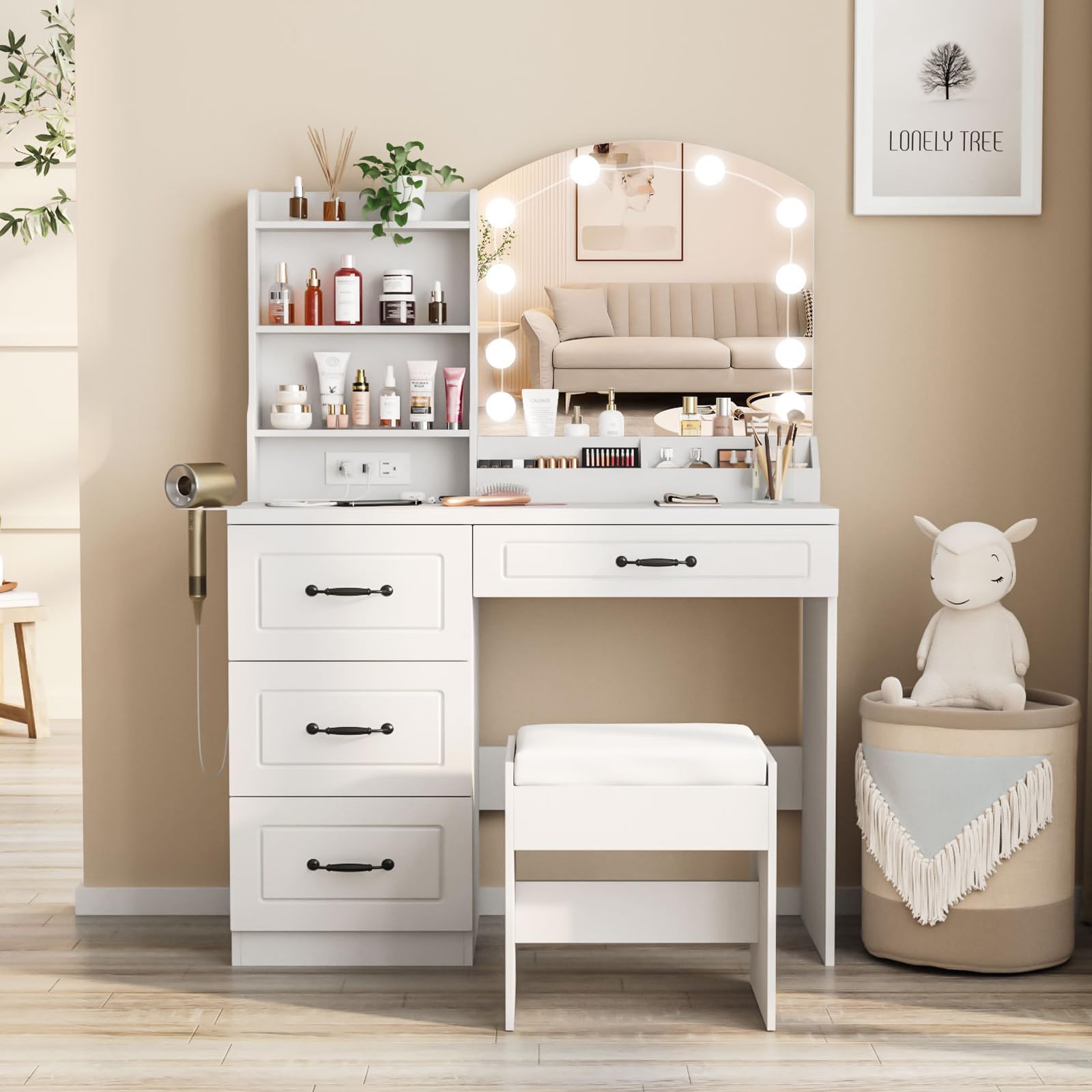 Vabches White Makeup Vanity Desk with LED Lights & Charging Station - 39.4