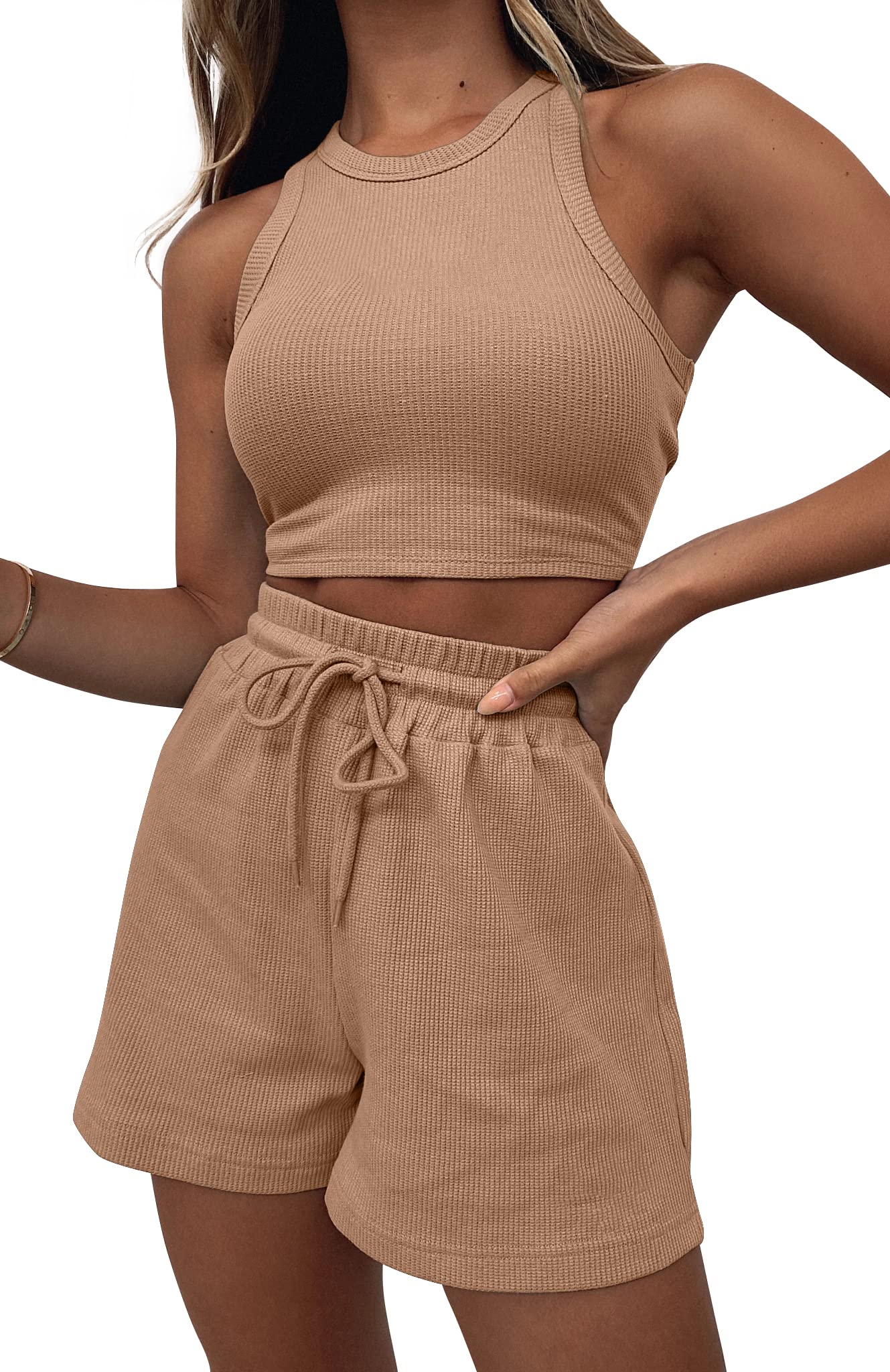 Lingswallow 2 Piece Women's Lounge Set - Sleeveless Crop Top & Waffle Knit Shorts Comfy Outfit for Yoga, Sleep & Home Relaxation