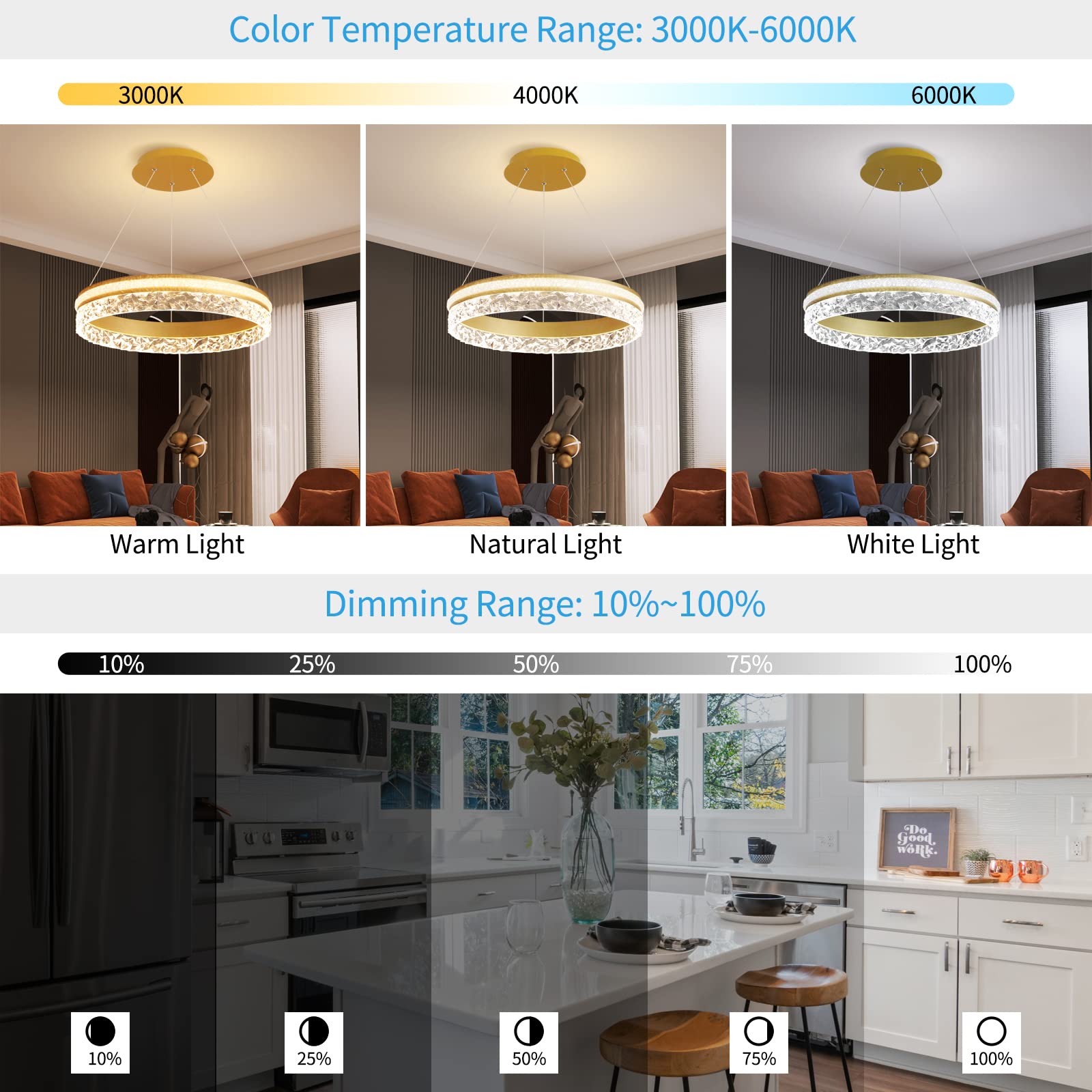 Modern Gold LED Chandelier - 19.7 Inch 1-Ring Dimmable Pendant Light with Remote Control, 50W Energy Efficient Hanging Light for Kitchen Island, Dining Room, Bedroom & Living Room | Perfect for Modern Home Decor, Dinner Parties & Cozy Ambiance Lighting