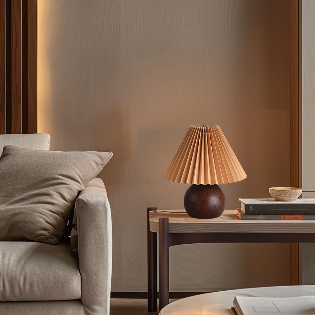KUNJOULAM Small Pleated Table Lamp - Modern Bedside Nightstand Lamp with Coffee Lampshade & Metal Base, Cute Decorative Lighting for Bedroom, Living Room, Home Office (E12 Bulb) - Perfect for Reading, Relaxing & Creating Cozy Ambiance