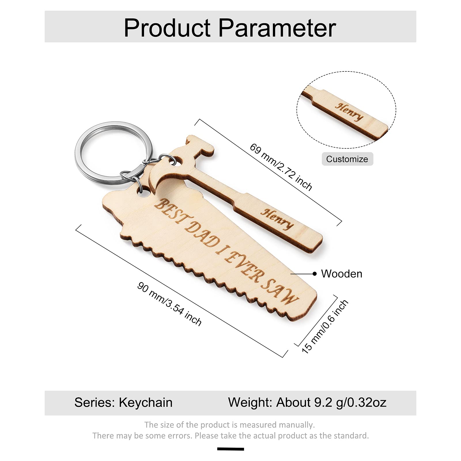 Custom Engraved Wood Keychain - Personalized Saw & Hammer Shape with 1-6 Names - Unique Father's Day Gift for Dad - Perfect for DIY Enthusiasts, Handymen & Tool Lovers