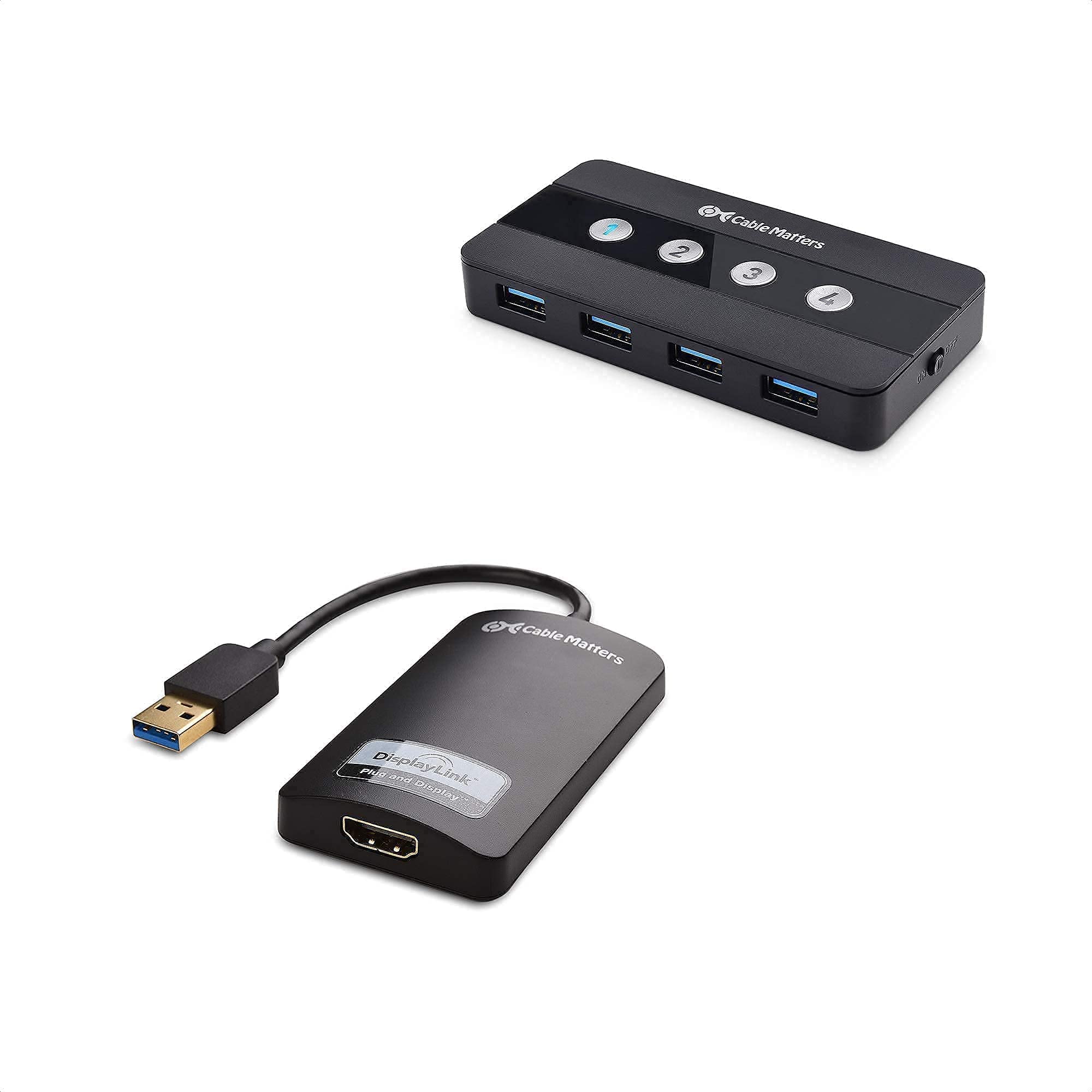 Cable Matters 4-Port USB 3.0 KVM Switch Kit with HDMI Adapter - Share Keyboard, Mouse & Monitor Between 4 Computers | Perfect for Home Office, Gaming & Multi-Device Workspaces