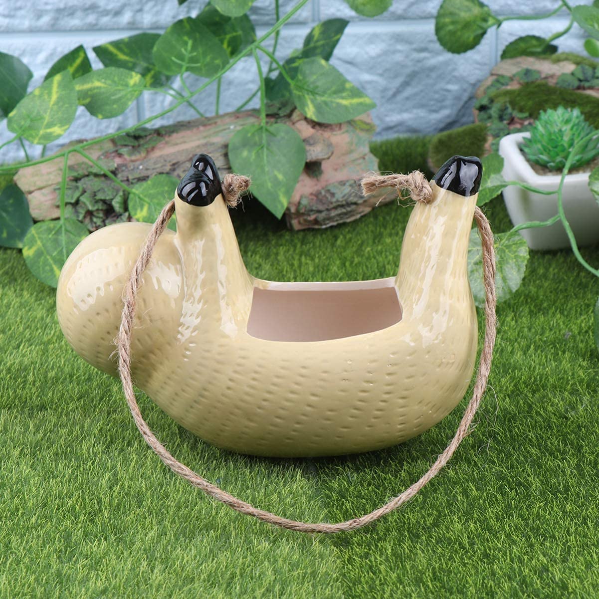 Ceramic Sloth Hanging Planter - Gray Succulent Flower Pot for Indoor Plants, Home & Office Decor - Perfect for Living Room, Bedroom, Balcony, and Gift Ideas