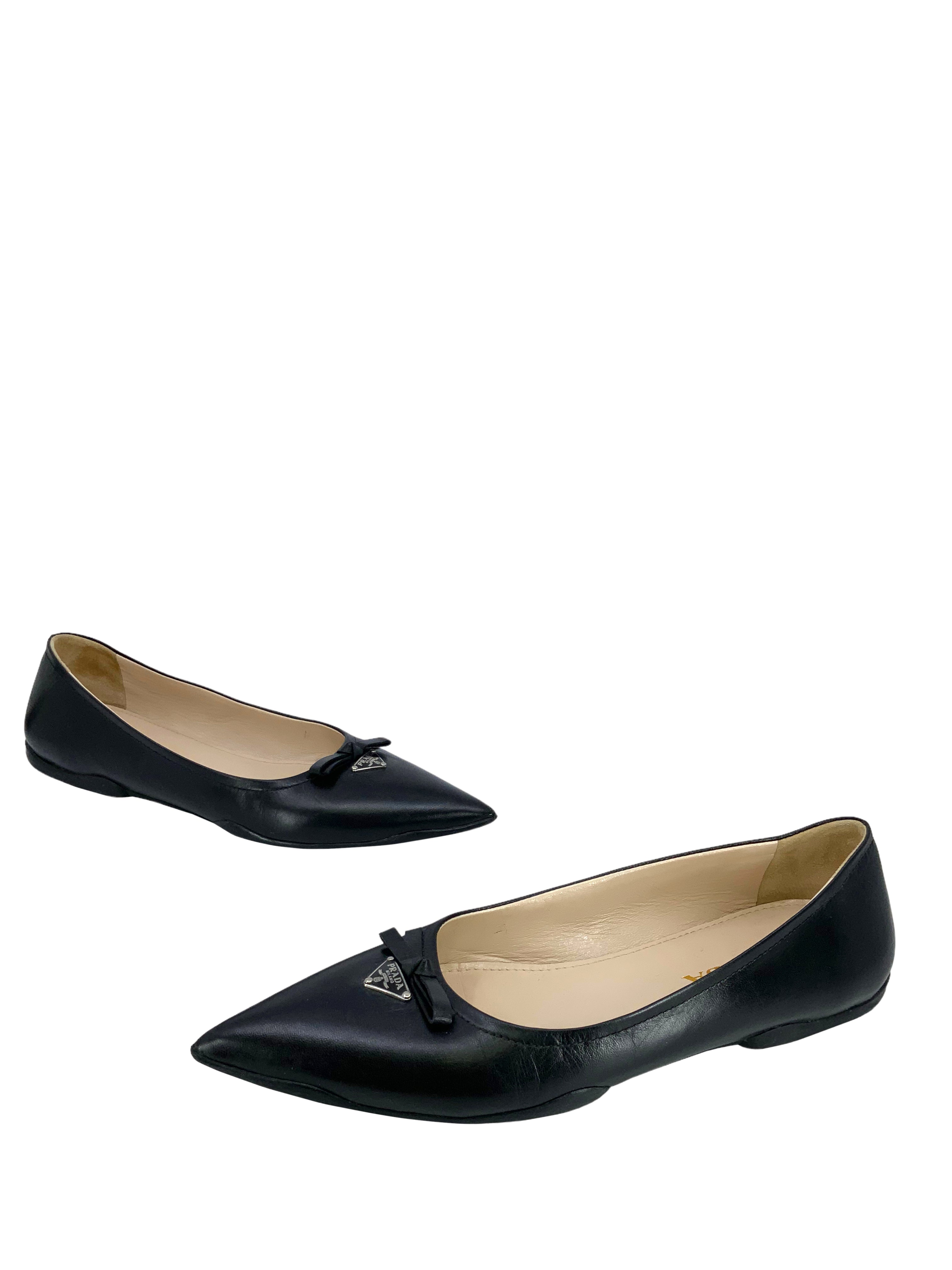 Prada Leather Pointed Toe Flats with Triangle Logo & Bow Detail - Women's Size 7 | Elegant Dress Shoes for Work, Wedding & Formal Occasions