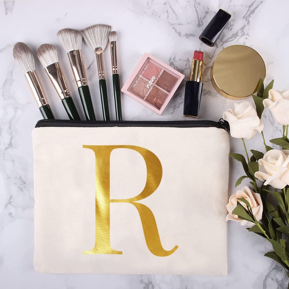26 Letter Printed Zip Canvas Pouch - Waterproof Makeup Bag for Travel, Cosmetic Organizer, Toiletry Bag for Bridesmaid Gifts, Pencil Case & Wash Bag (Gold) - Perfect for Daily Use, Travel Essentials & Wedding Party Favors
