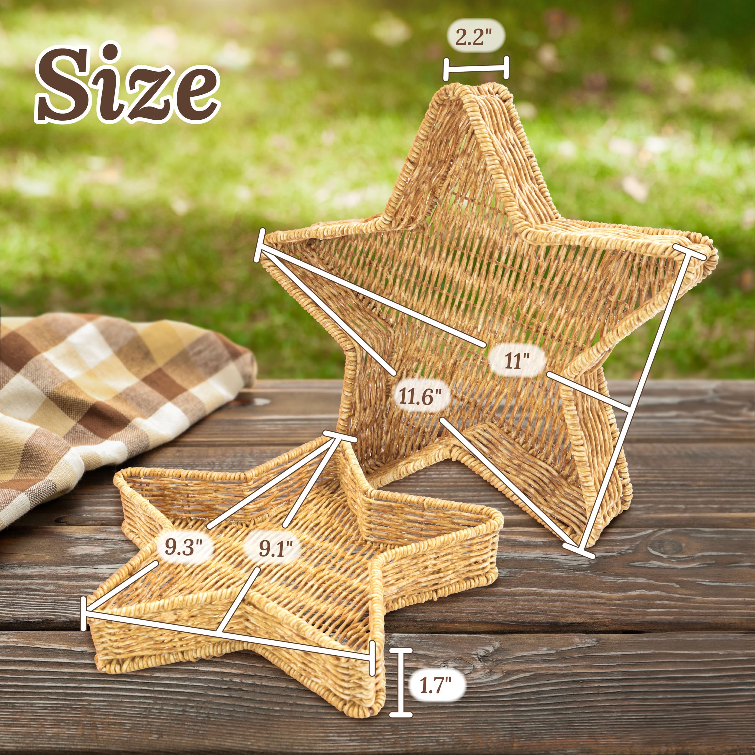 Star Wicker Basket Set of 2 - Handwoven Rattan Decorative Storage Baskets for Home Decor, Gift Wrapping, Christmas Serving Dishes & Platters - Perfect for Organizing, Table Centerpieces, and Farmhouse Style Decor