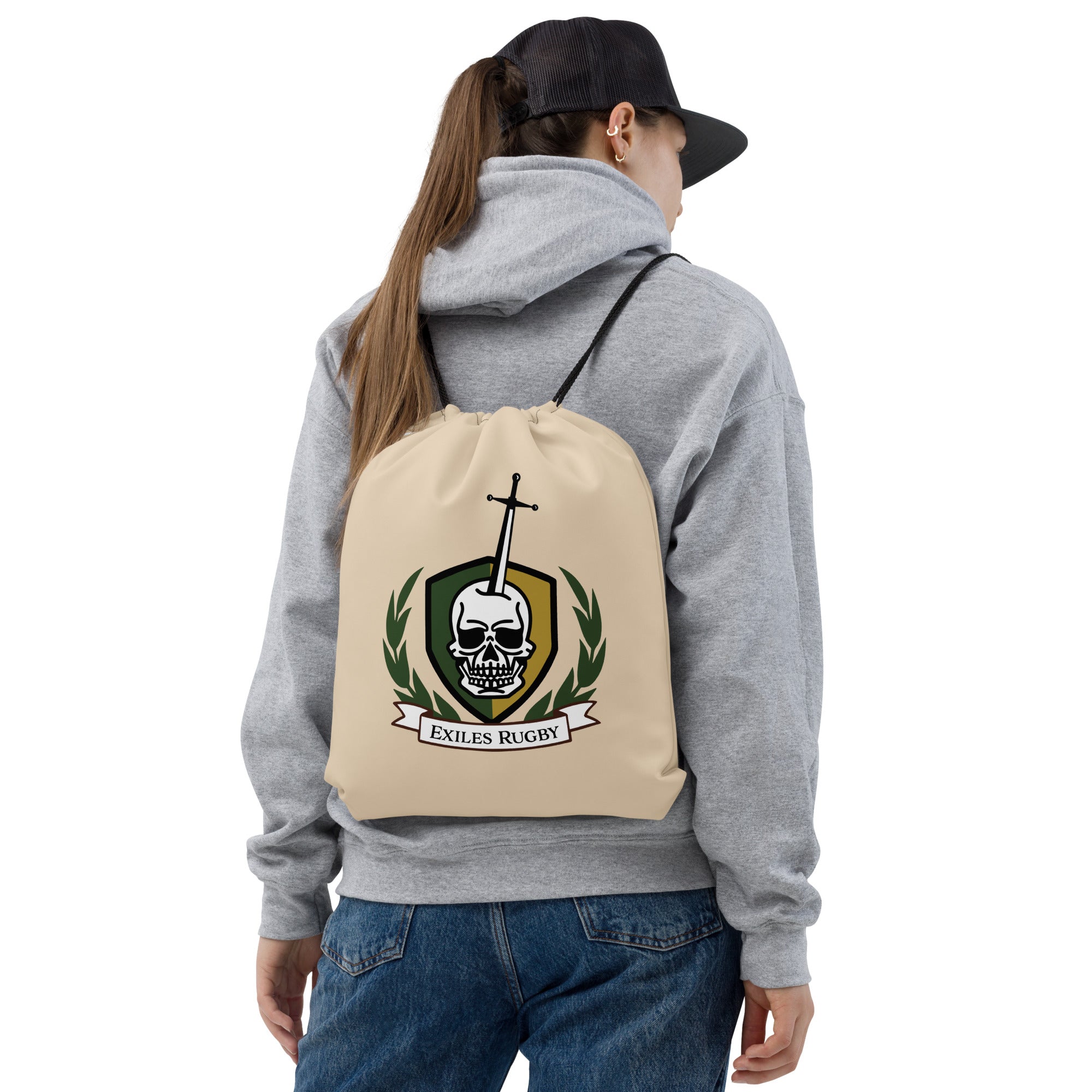 Exiles RFC Drawstring Backpack - Lightweight & Durable Sports Duffel Bag for Gym, Travel & Outdoor Activities (Tan)