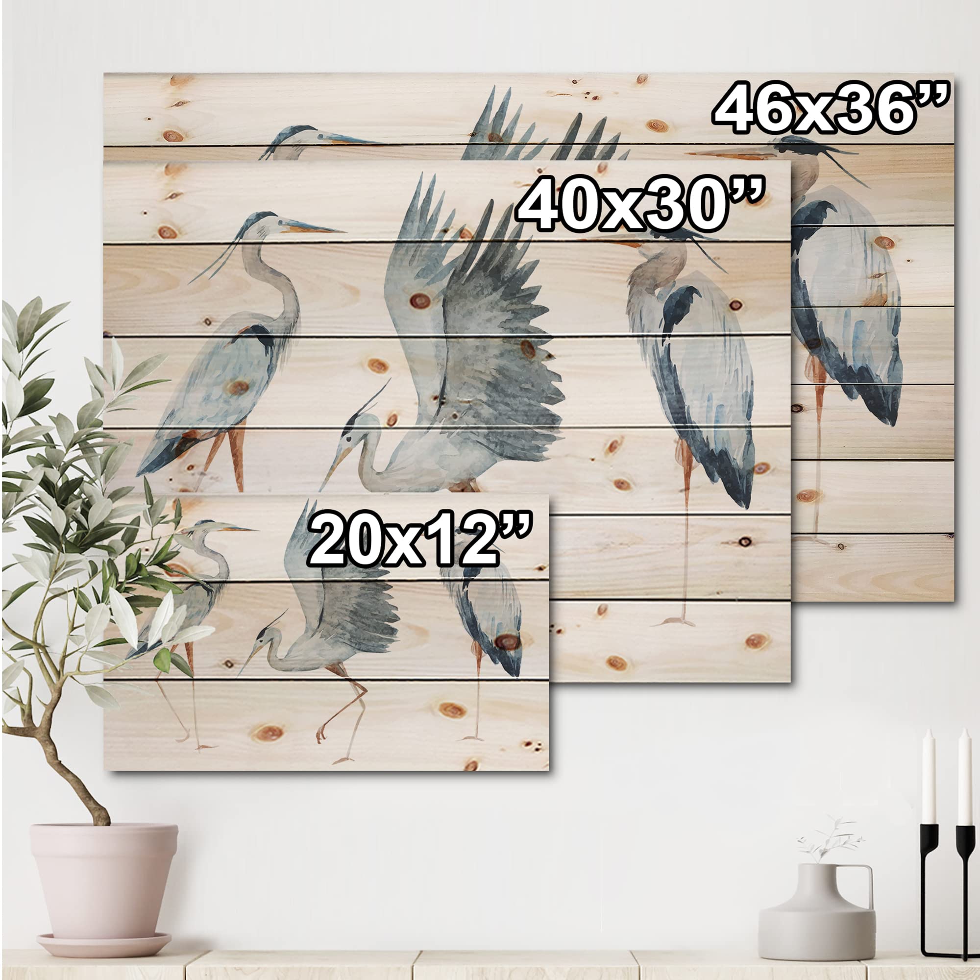 DesignQ Heron Birds II Traditional Wood Wall Decor - Blue Wood Wall Art, Large Animal Wood Panels Printed on Natural Pine - Perfect for Living Room, Bedroom & Office Decor