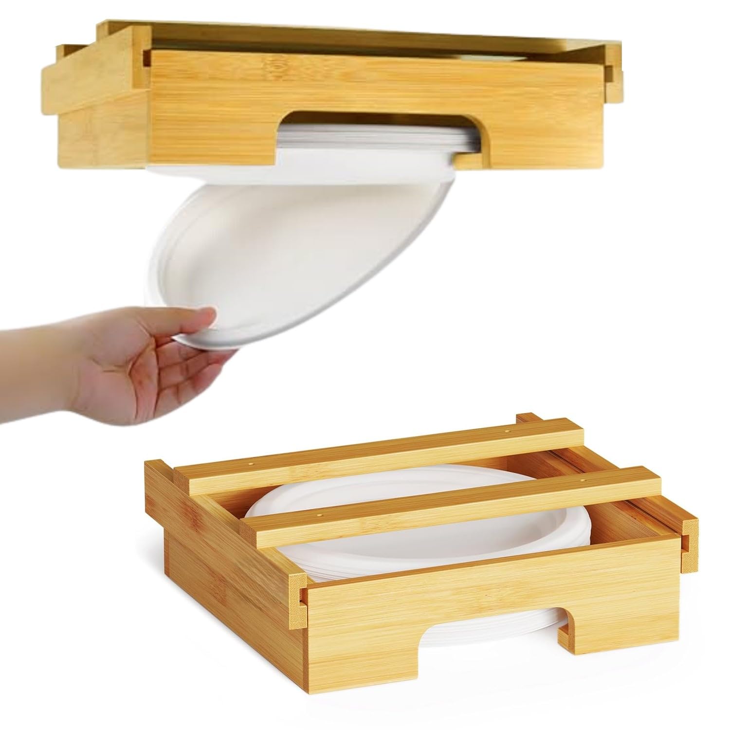 Bamboo Paper Plate Dispenser Under Cabinet – 10-Inch Space Saving Plate Organizer for Kitchen, RV & Camping – Universal Fit for 10