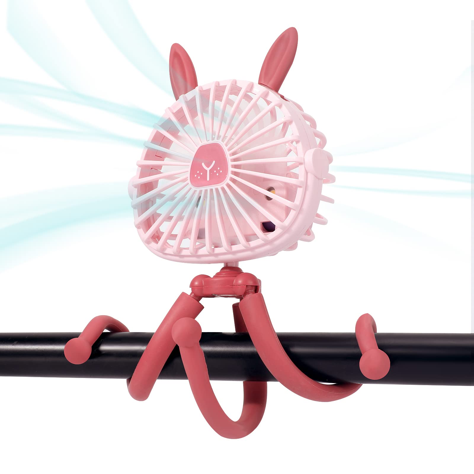 Rechargeable Clip-On Stroller Fan with LED Light & Bunny Ears - Flexible Tripod, 360° Rotatable, USB Powered Portable Fan for Baby Car Seat, Crib, Bicycle, Treadmill | Perfect for Outdoor Activities, Travel & Nursery Comfort