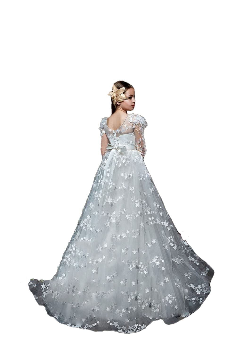 FUSLW Elegant Flower Girls Dress & First Communion Gown - Lace Long Sleeves Princess Tulle Ball Gown for Weddings, Baptisms & Special Occasions