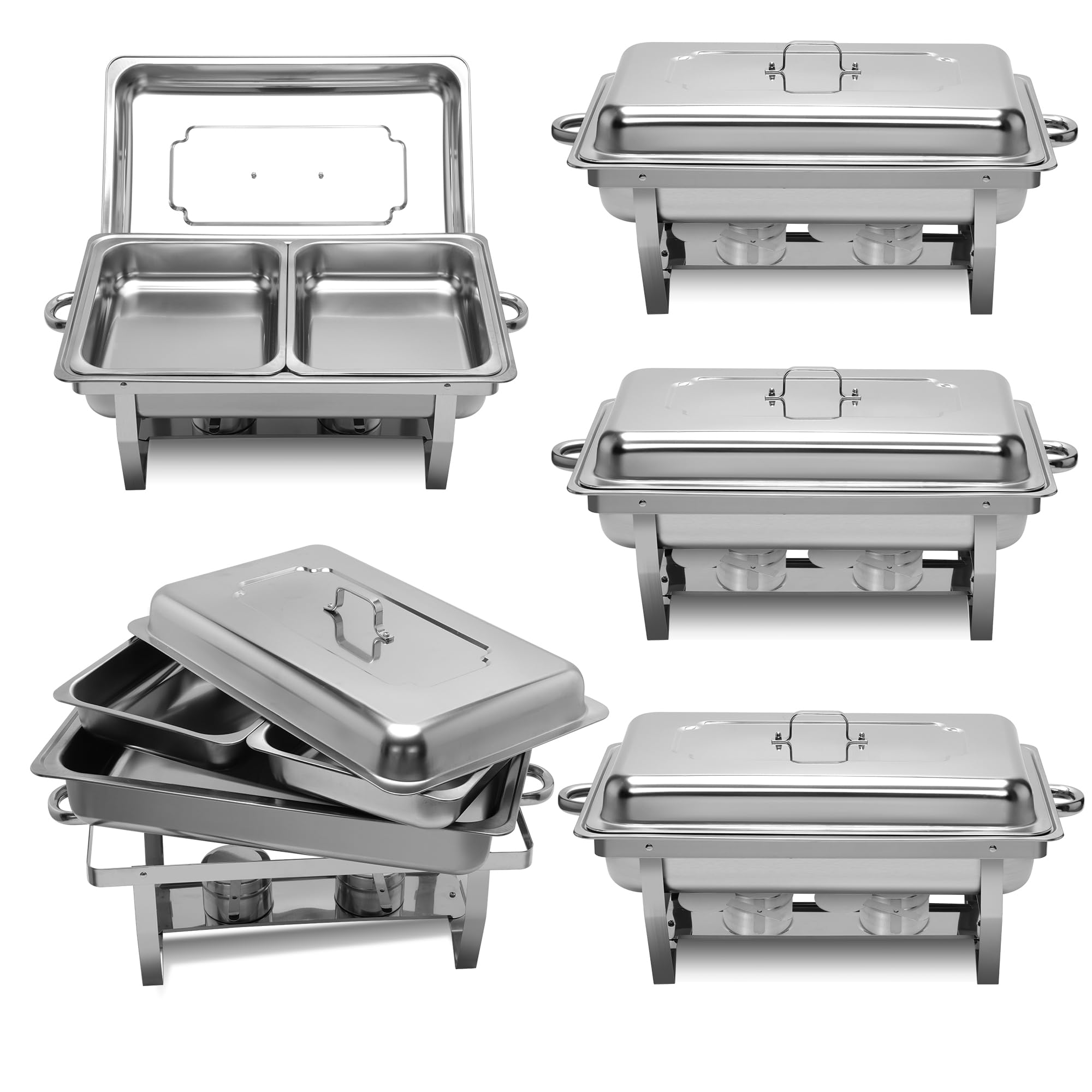4 Pack 9QT Stainless Steel Chafing Dish Set with Half Size Food Pans - Complete Buffet Catering Supplies for Banquets, Parties, Weddings & Events - Keep Food Warm for Hours at Buffets, Catering Services & Home Entertaining