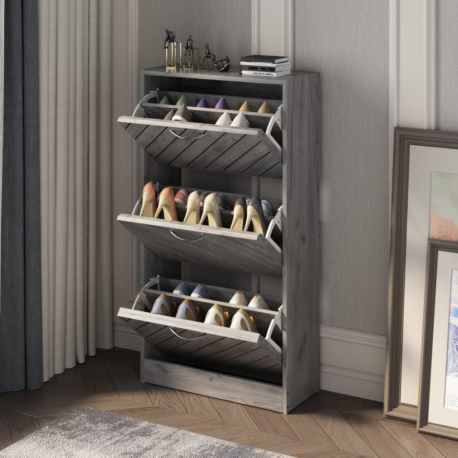 Hitow 3-Tier Shoe Storage Cabinet with Shutter Doors & Adjustable Shelves - Space Saving Narrow Entryway Shoe Organizer for Small Spaces, Freestanding Shoe Rack (22.4