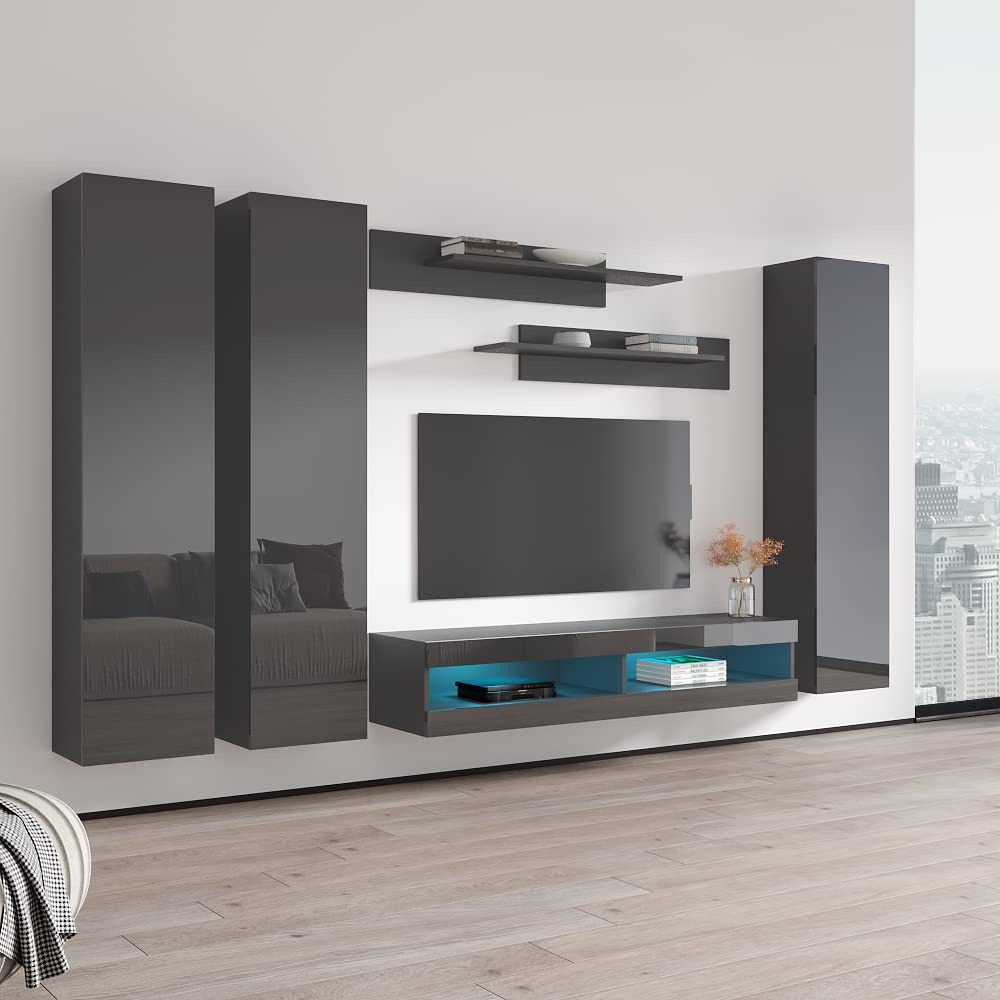 Modern Wall-Mounted TV Stand with Storage & LED Lights - 34