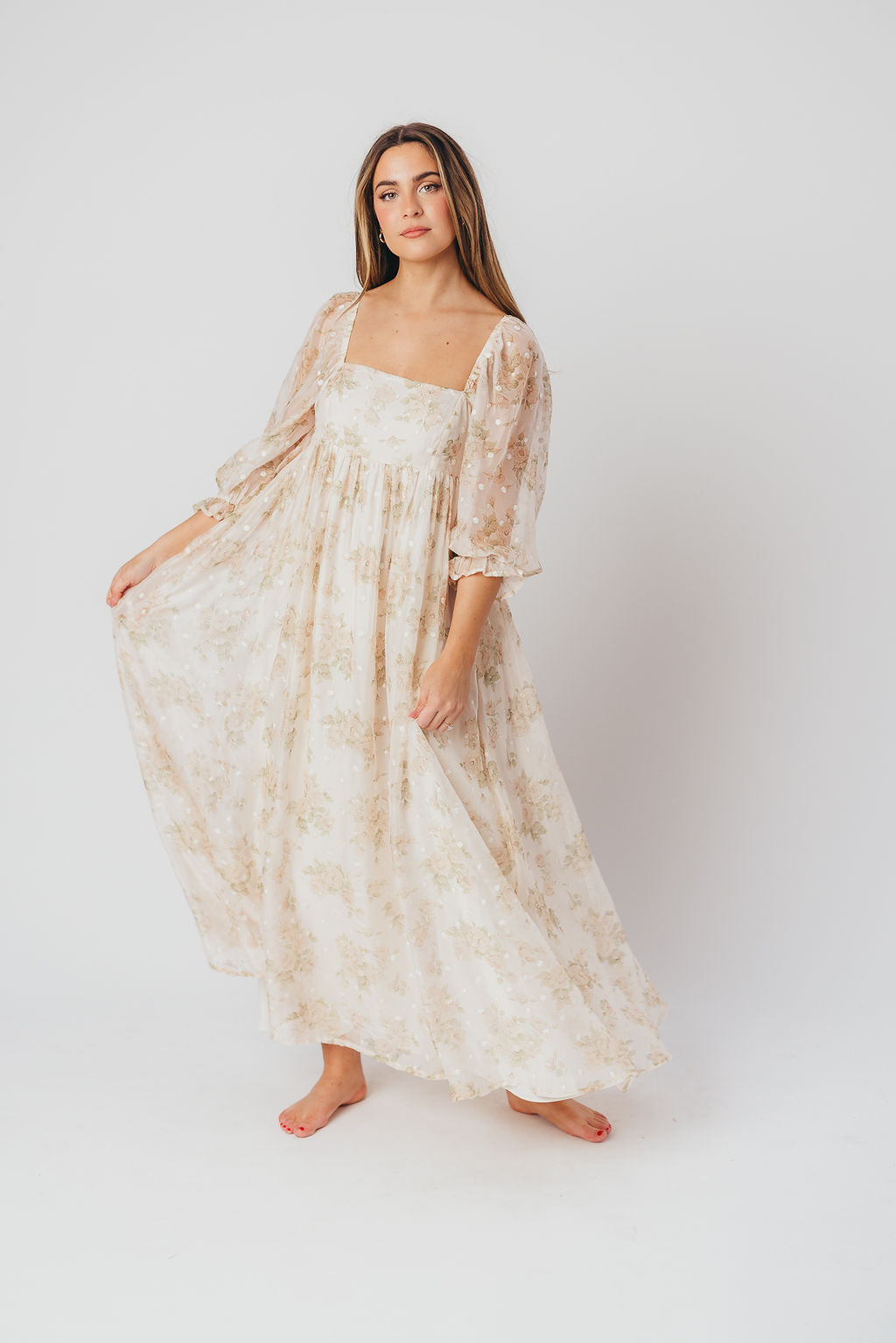 Elegant Cream Floral Smocked Maxi Dress for Women - Bump Friendly Maternity & Inclusive Sizing (S-3XL) | Perfect for Weddings, Beach Vacations & Summer Parties