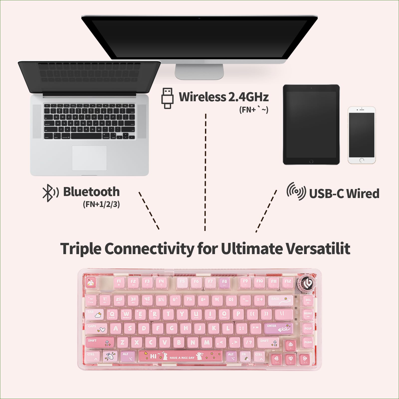 EPOMAKER x LEOBOG K81 Wireless Mechanical Keyboard - Gasket-Mounted Custom Design with Knob, BT5.0/2.4G/USB-C Connectivity, Hot-Swappable Switches, NKRO for Gaming & Typing - Compatible with Windows & Mac (Pink Bunny, Ice Crystal Switch) - Perfect for Esports, Office Work & Content Creation