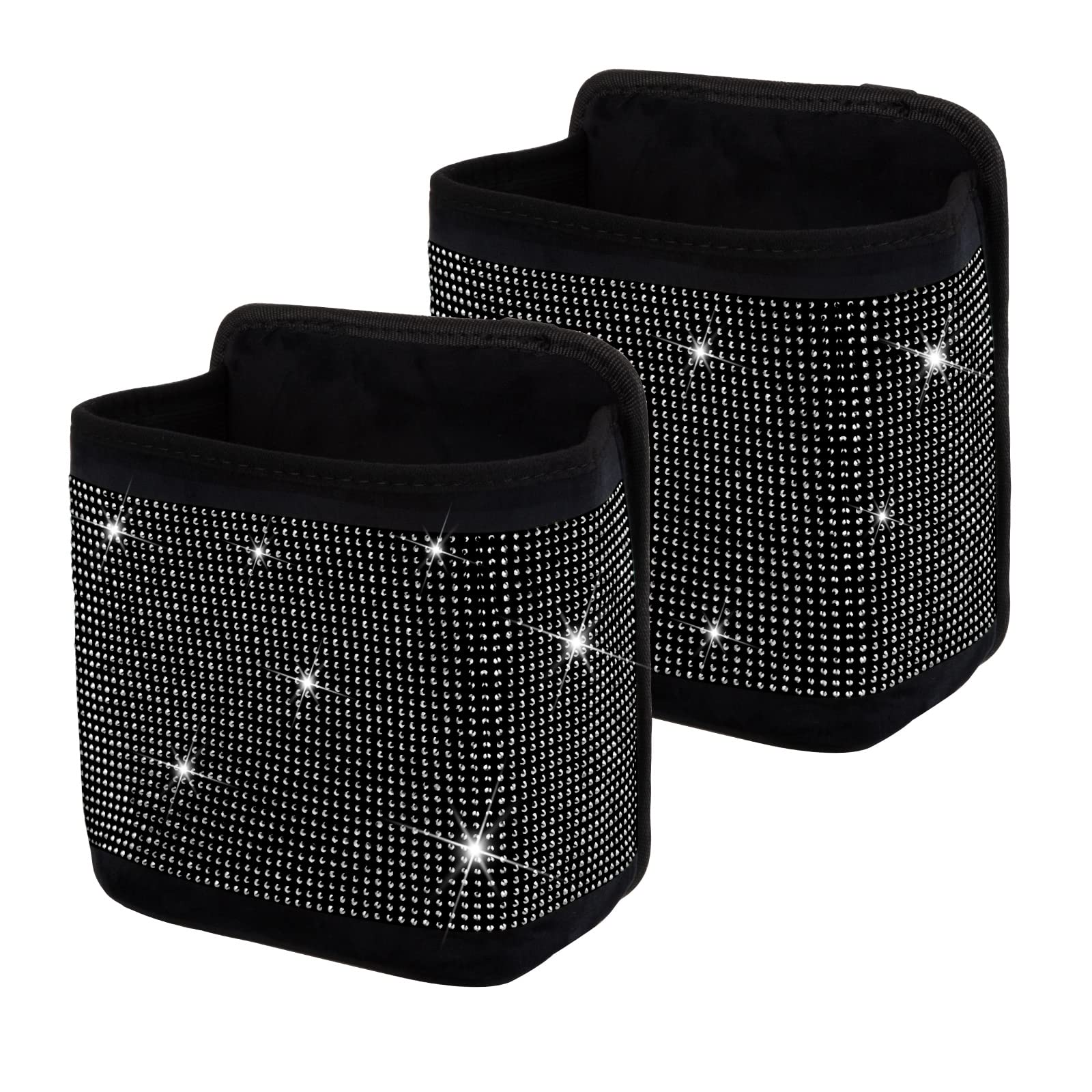 Premium Bling Crystal Car Seat Organizer - 2 Pack Black Diamond Car Accessories for Front/Back Seats | Travel Caddy Bag & Practical Garbage Pocket Bin | Perfect for Road Trips, Commuting & Family Travel