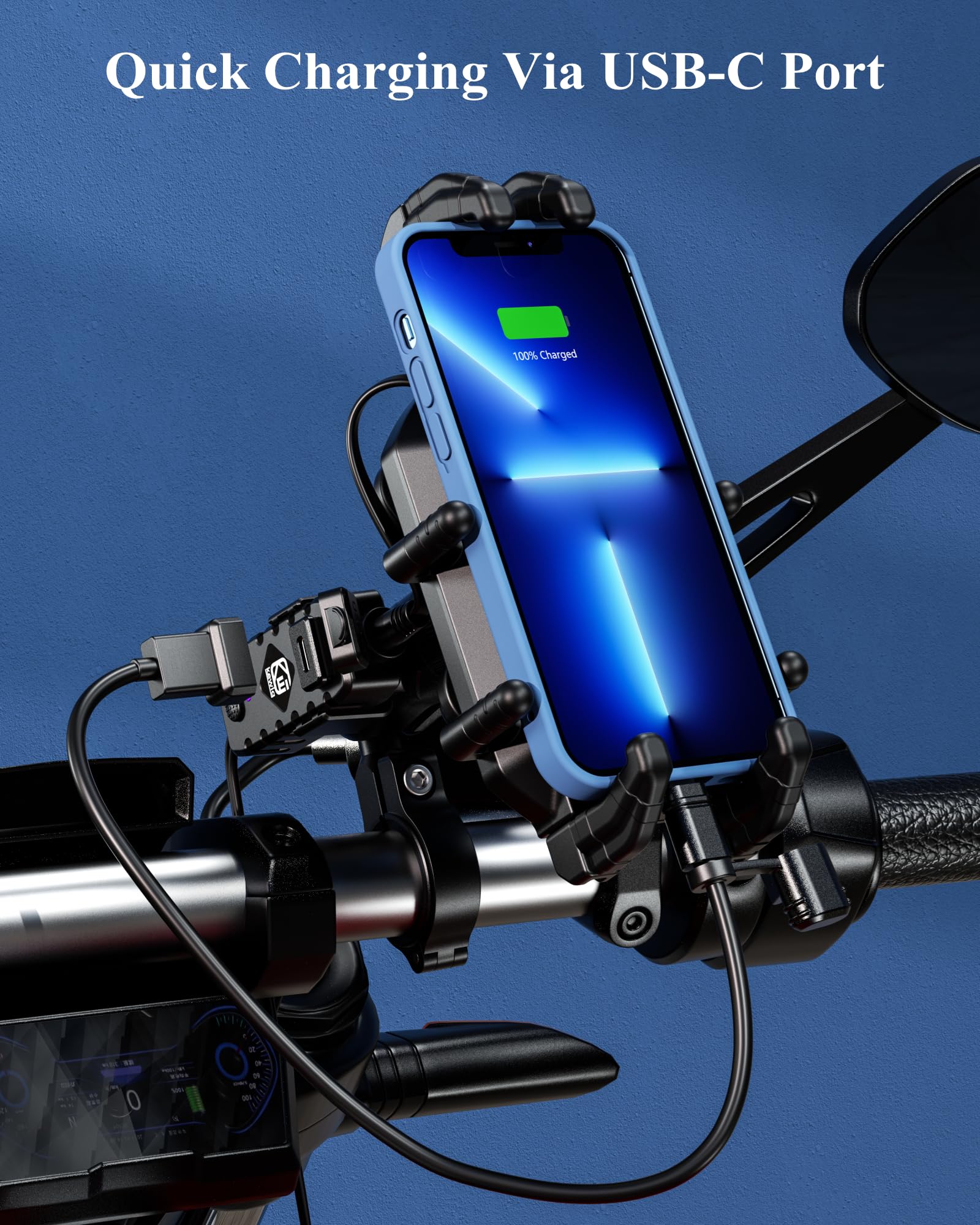 BRCOVAN Motorcycle Phone Mount with Qi 15W Wireless Charger & 30W PD/USB-C Fast Charging - Anti-Theft Handlebar Phone Holder with Vibration Dampener for 5.4''-7.2'' Smartphones - Perfect for Adventure Riding, Commuting & GPS Navigation