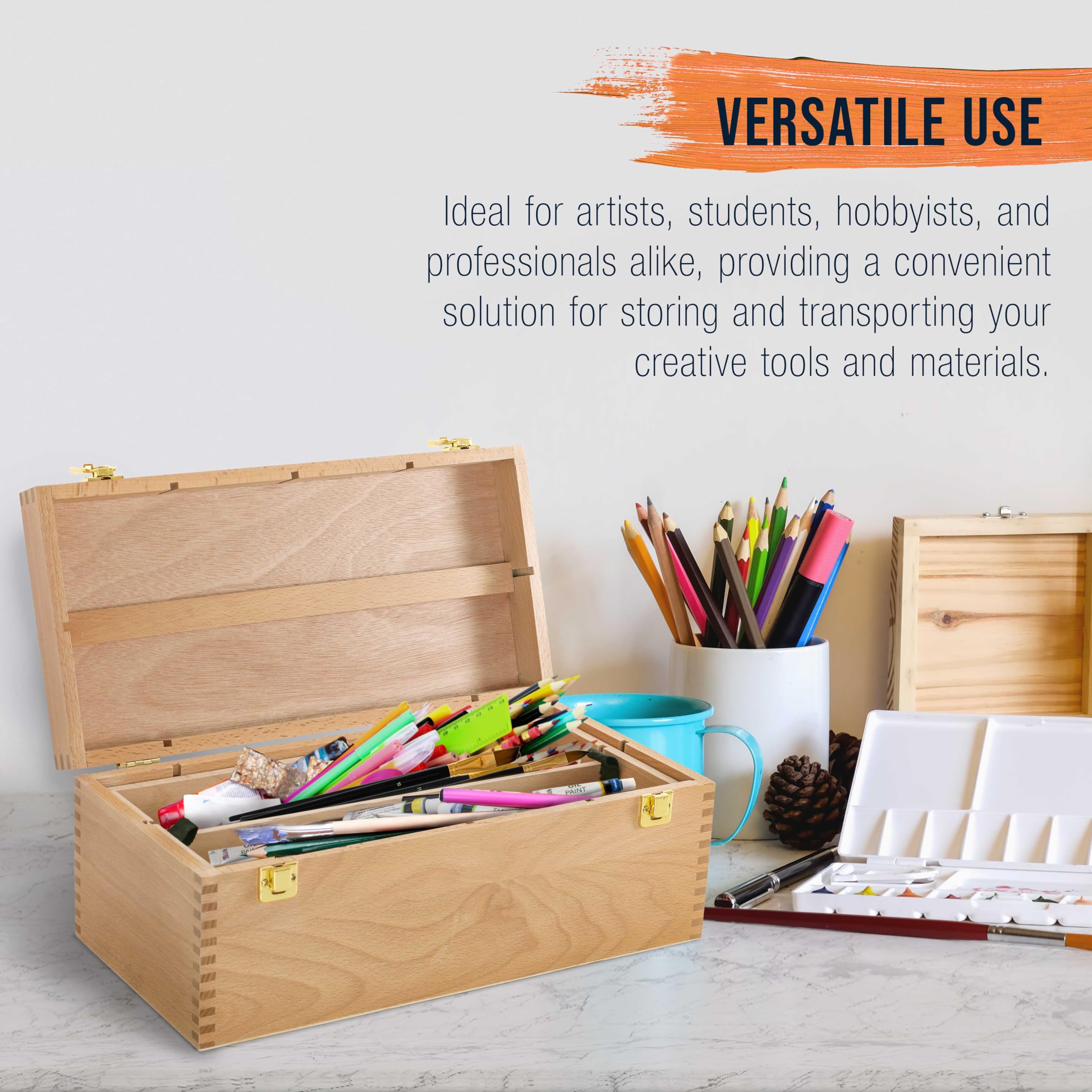U.S. Art Supply Multi-Function Unfinished Beechwood Artist Tool Storage Box with Removable Tray & Locking Clasps - Organize and Protect Paints, Brushes, Pencils, Art Supplies - Perfect for Studio, Classroom, and Outdoor Painting