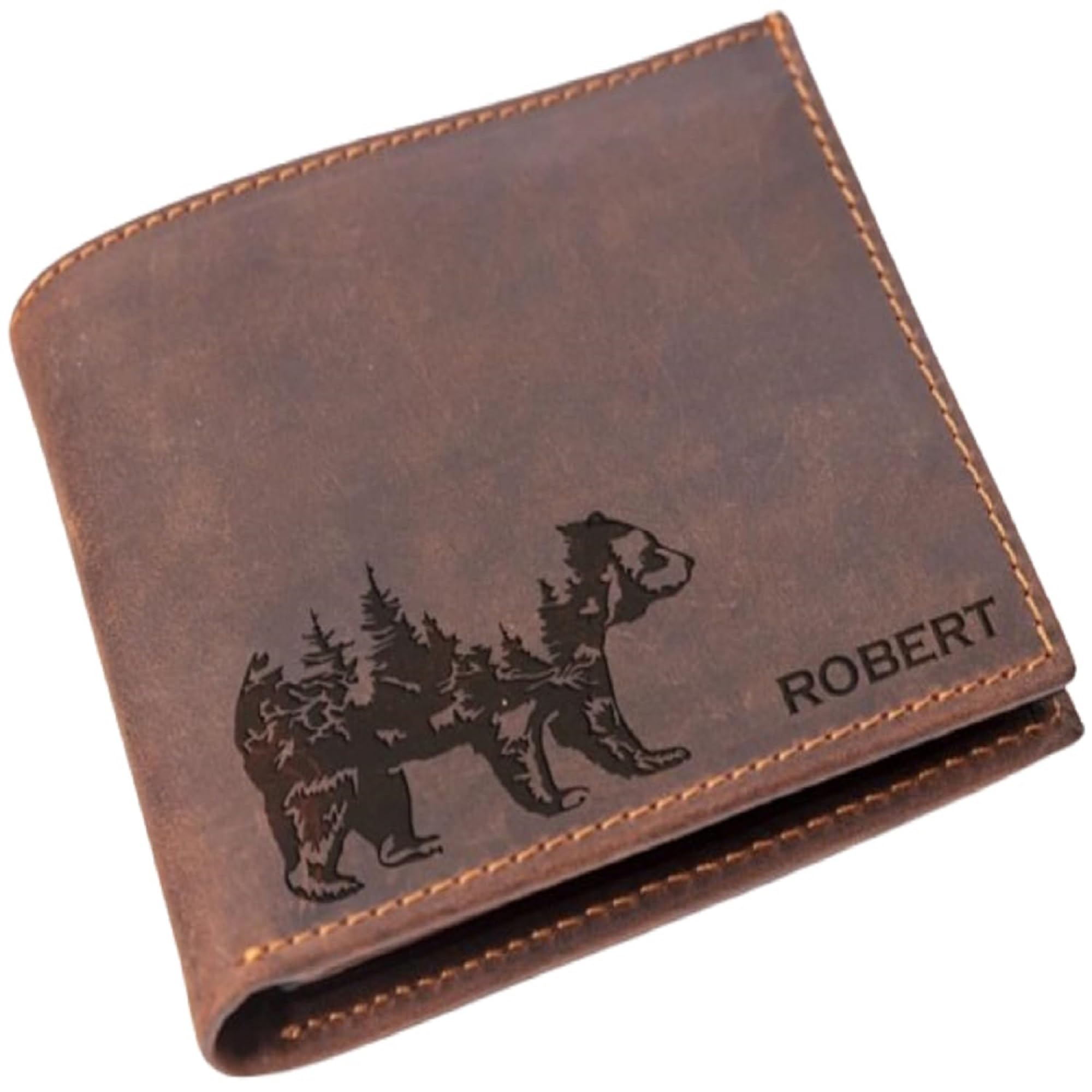 Custom Engraved Grizzly Bear Leather Wallet for Men - Personalized Name Wallet, Valentine's Day Gift for Husband, Birthday Present from Mom to Son - Perfect for Everyday Use & Special Occasions