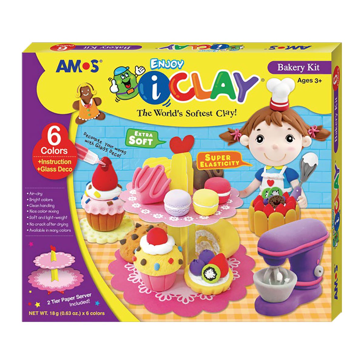 Amos i Clay Modeling Clay Kit - 18g x 6 Colors, Non-Toxic Air Dry Clay for Kids DIY Crafts, Baking & Pastry Design - Perfect for School Projects, Birthday Parties & Creative Play