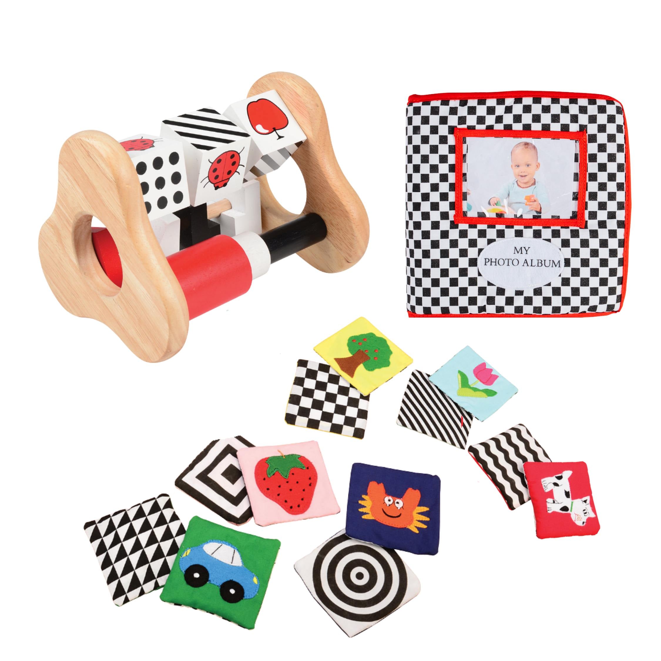 High Contrast Sensory Learning Bundle for Babies & Toddlers - Busy Box, Photo Album & Tactile Matching Patches | Early Childhood Development Toys for Autism & Special Needs