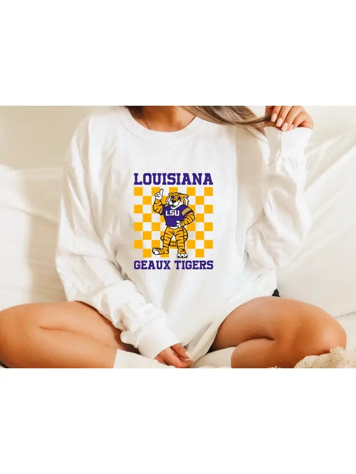 LSU Tigers Checkered Long Sleeve Shirt for Men & Women - Official White College Fan Apparel - Perfect for Game Day, Tailgating & School Spirit Events