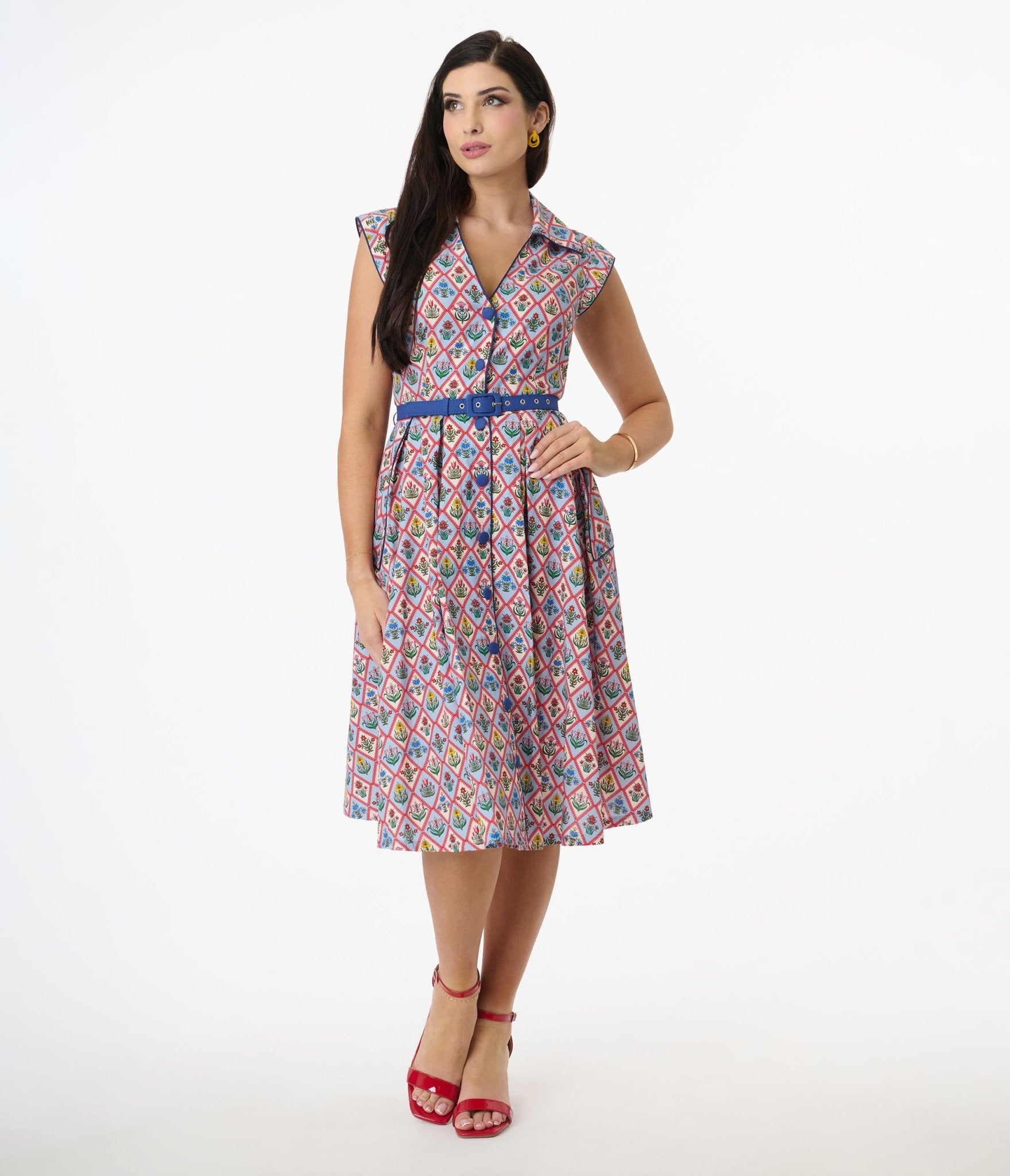 Vintage Blue Diamond Floral Print Swing Dress - Retro 1950s Style Women's Casual Dress for Parties, Date Nights & Special Occasions