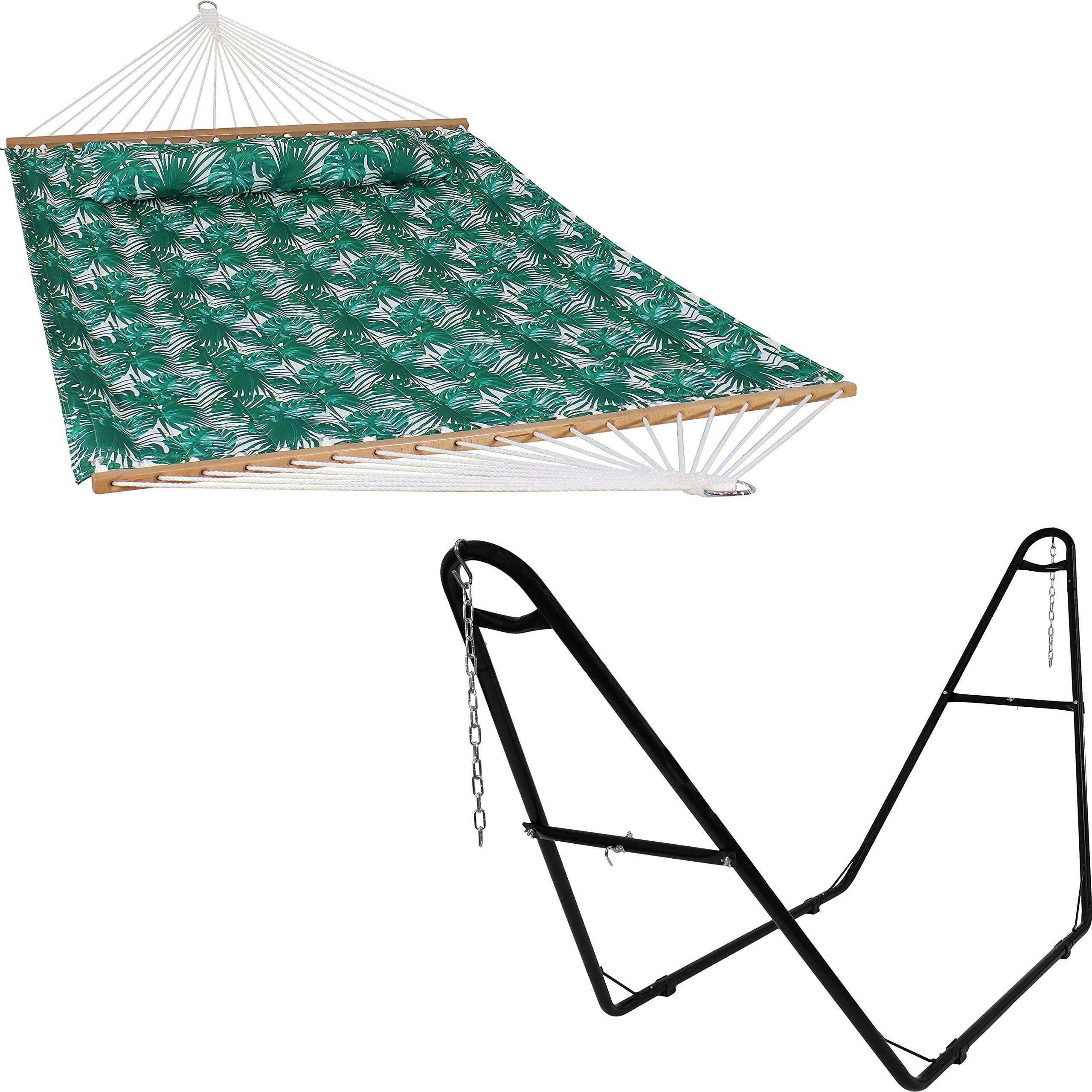 SunnyDaze Green Palm Leaves 2-Person Quilted Hammock with Pillow, S-Hooks & Chains - 450 lb Capacity Heavy Duty Steel Stand - Perfect for Backyard, Patio & Outdoor Relaxation