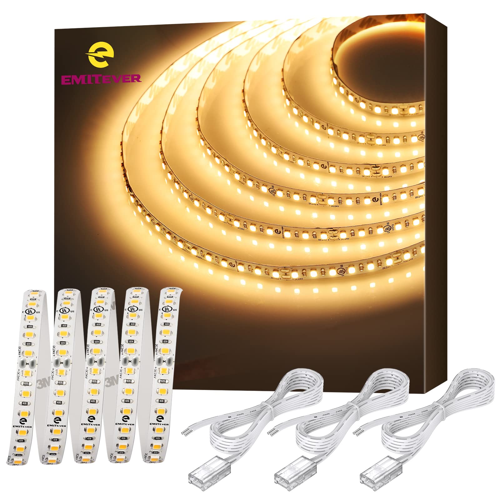 EMITEVER 25ft LED Strip Lights Warm White 3000K, 24V UL Listed High CRI 95+ Tape Light - IP30, 2.9W/ft, 240+Lumens/ft, 900LEDs with 3Pcs Extension Connectors - Perfect for Home Decoration, Kitchen Lighting, and Accent Lighting