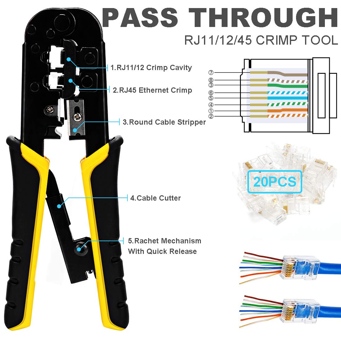 Professional RJ45 Crimping Tool Kit - 10 in 1 Ethernet Cable Crimper for Cat5/Cat5e/Cat6, Rj45/Rj11/Rj12 Connectors with 8P8C Network Tester & Punch Down Tool - Perfect for Home Networking, Office Setup & IT Maintenance