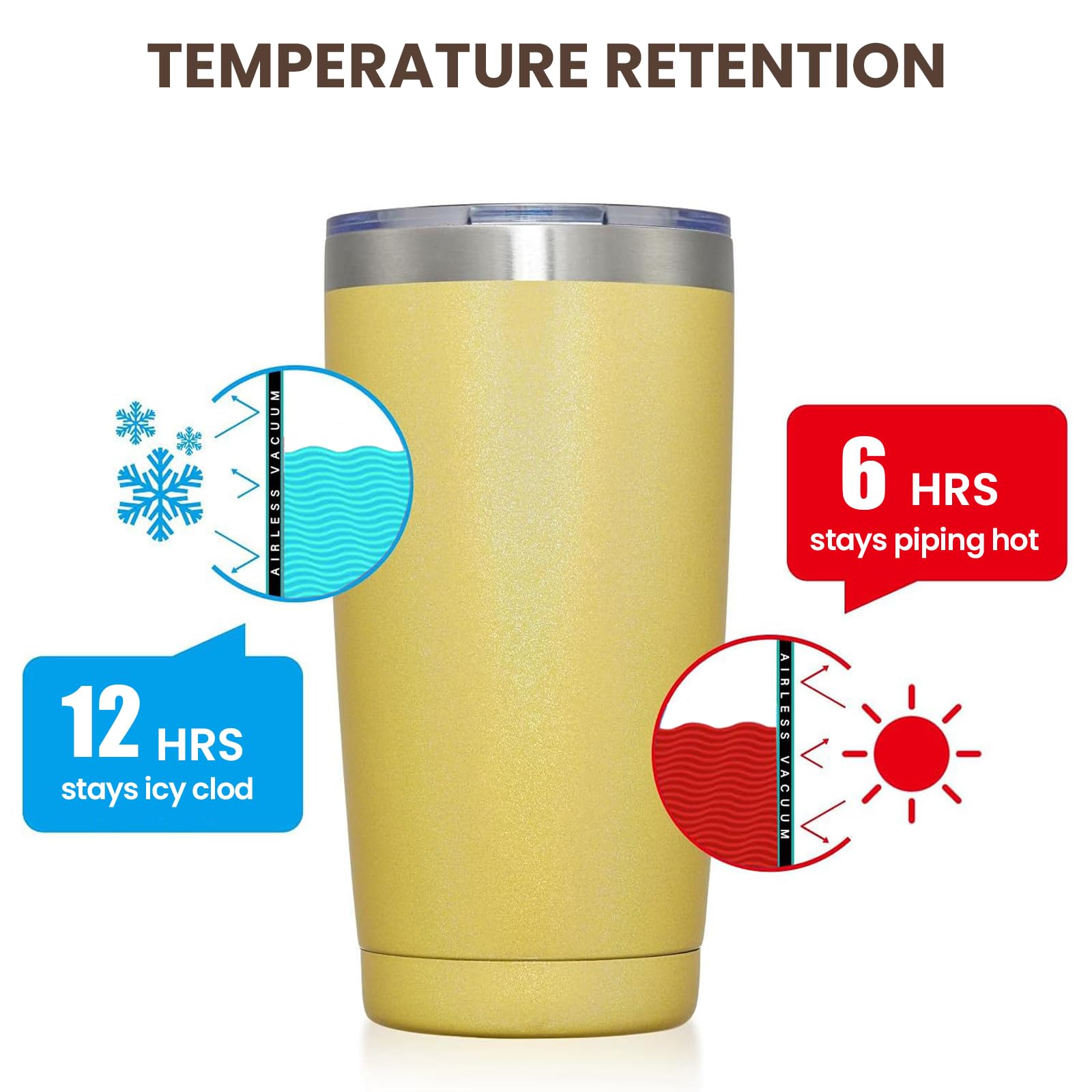 MEWAY 20oz Stainless Steel Tumbler 12 Pack - Double Wall Vacuum Insulated Glitter Travel Mug with Lid & Straw, Powder Coated Coffee Cup Set for Women (Rainbow Yellow, 12 Count) - Perfect for Office, Gym, Travel & Outdoor Activities