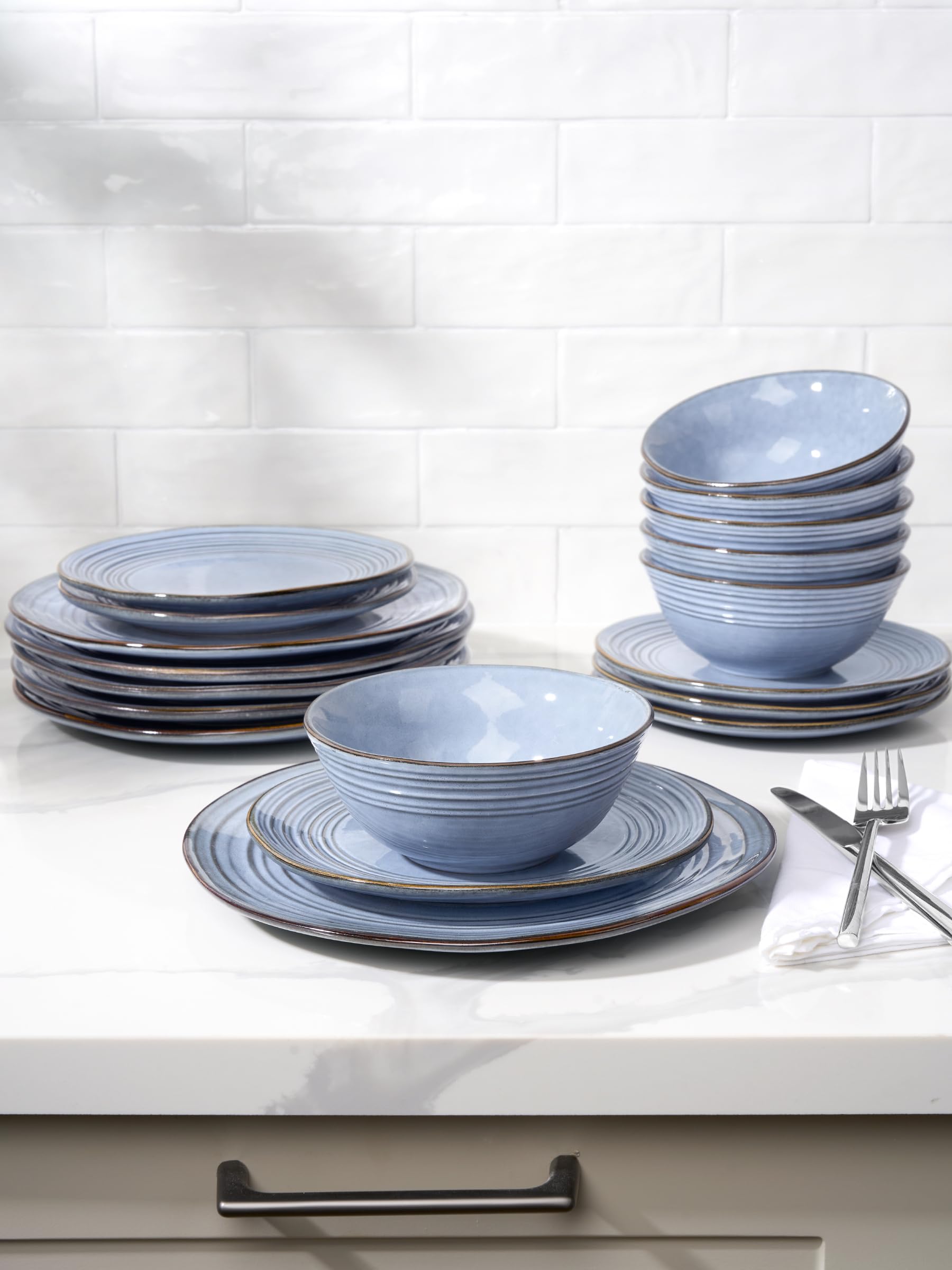 Premium 12-Piece Stoneware Dinnerware Set for 4 - Handcrafted Reactive Glaze Plates & Bowls in Twilight Blue - Durable Everyday Dishes for Family Dining, Dinner Parties & Restaurant-Style Meals at Home