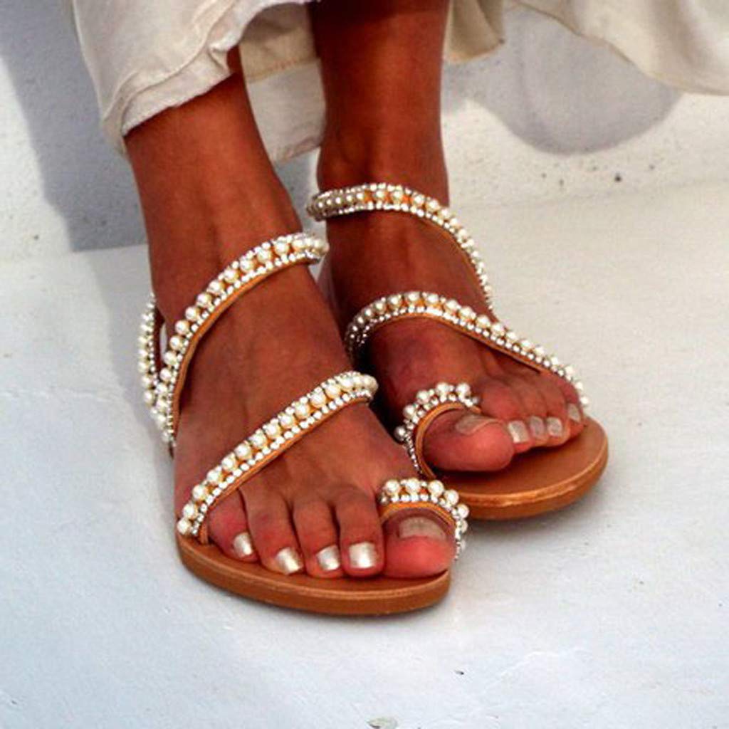Women's Bohemian Rhinestone Pearl Flat Sandals - Stylish Thong Gladiator Sandals for Women | Open Toe Dress Shoes for Summer, Beach, and Casual Outings