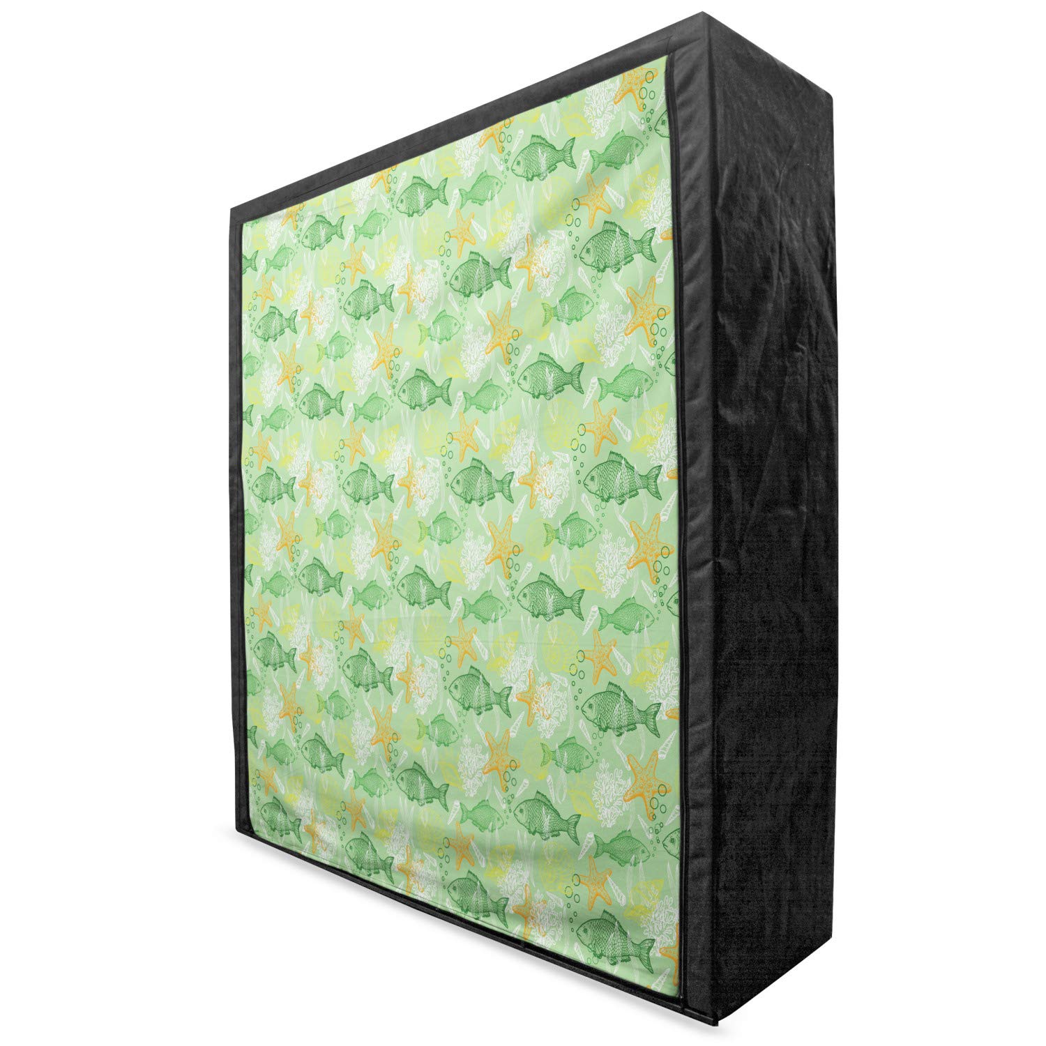Ambesonne Portable Fabric Wardrobe with Shelves - Underwater Themed Hand Drawn Fishes, Starfishes & Seashells on Green Background - 59