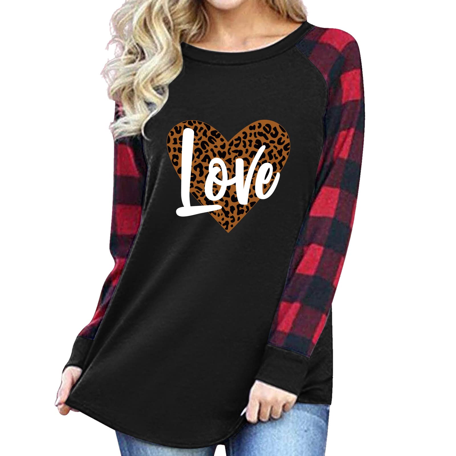SUANOWETA Women's Crewneck Long Sleeve Graphic T-Shirt - Cute Letter & Heart Pattern Pullover Blouse for Casual Wear, Work & Everyday Outfits