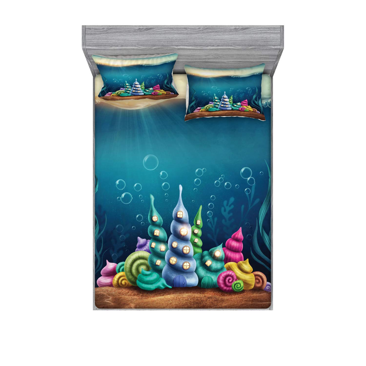 Ambesonne Ocean Themed 3-Piece Bedding Set - Queen Size Fitted Sheet & Pillow Shams with Underwater Fantasy Print, Teal Brown | Cartoon Shell Houses & Water Bubbles Design | Perfect for Kids' Rooms, Beach Houses & Coastal Decor