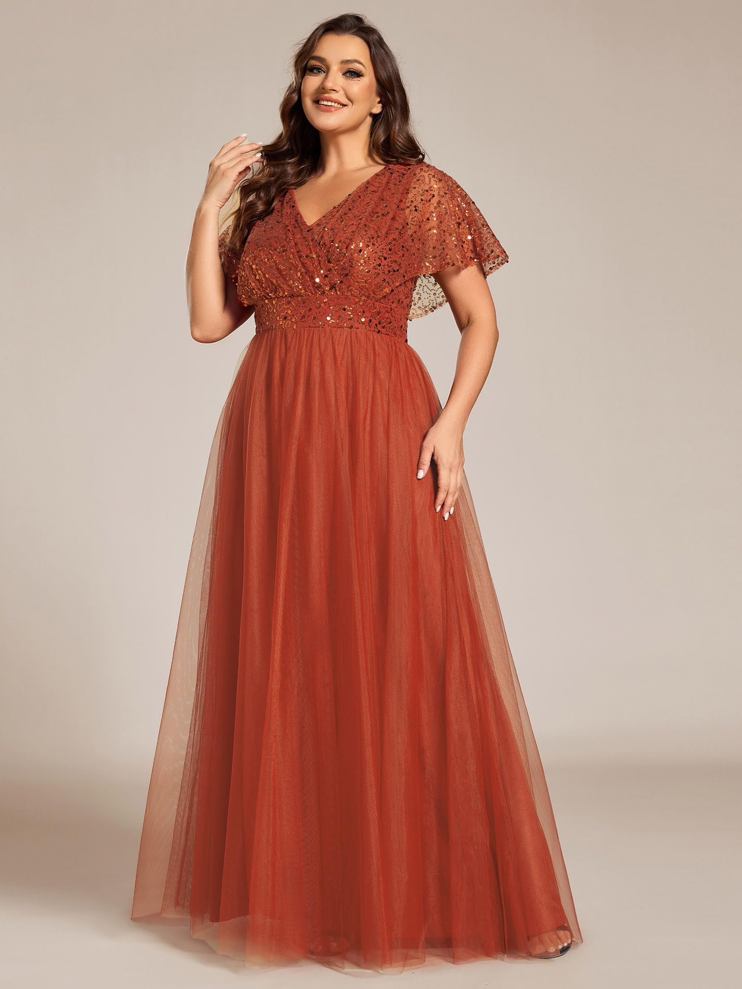 Ever-Pretty Plus Size Women's V-Neck Sequin A-Line Evening Dress - Short Sleeve Formal Gown for Curvy Figures | Perfect for Prom, Wedding Guest & Special Occasions