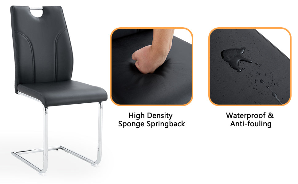Modern Black PU Dining Chairs Set of 6 - Waterproof Leather Upholstered Chairs with Silver Metal Legs for Kitchen, Restaurant, Office & Conference Room - Elegant & Durable Seating Solution for Home & Commercial Use