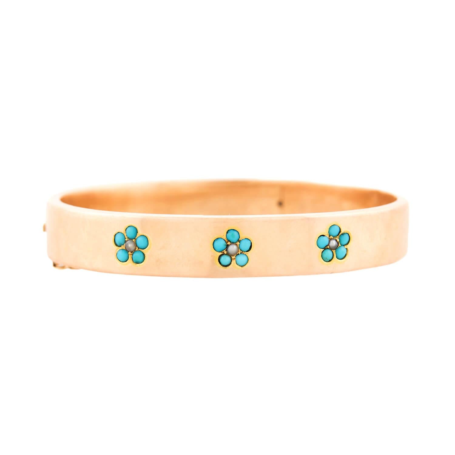 Victorian Style 14k Gold Turquoise & Pearl Forget-Me-Not Bangle Bracelet - Elegant Vintage Jewelry Gift for Women, Perfect for Weddings, Anniversaries & Special Occasions